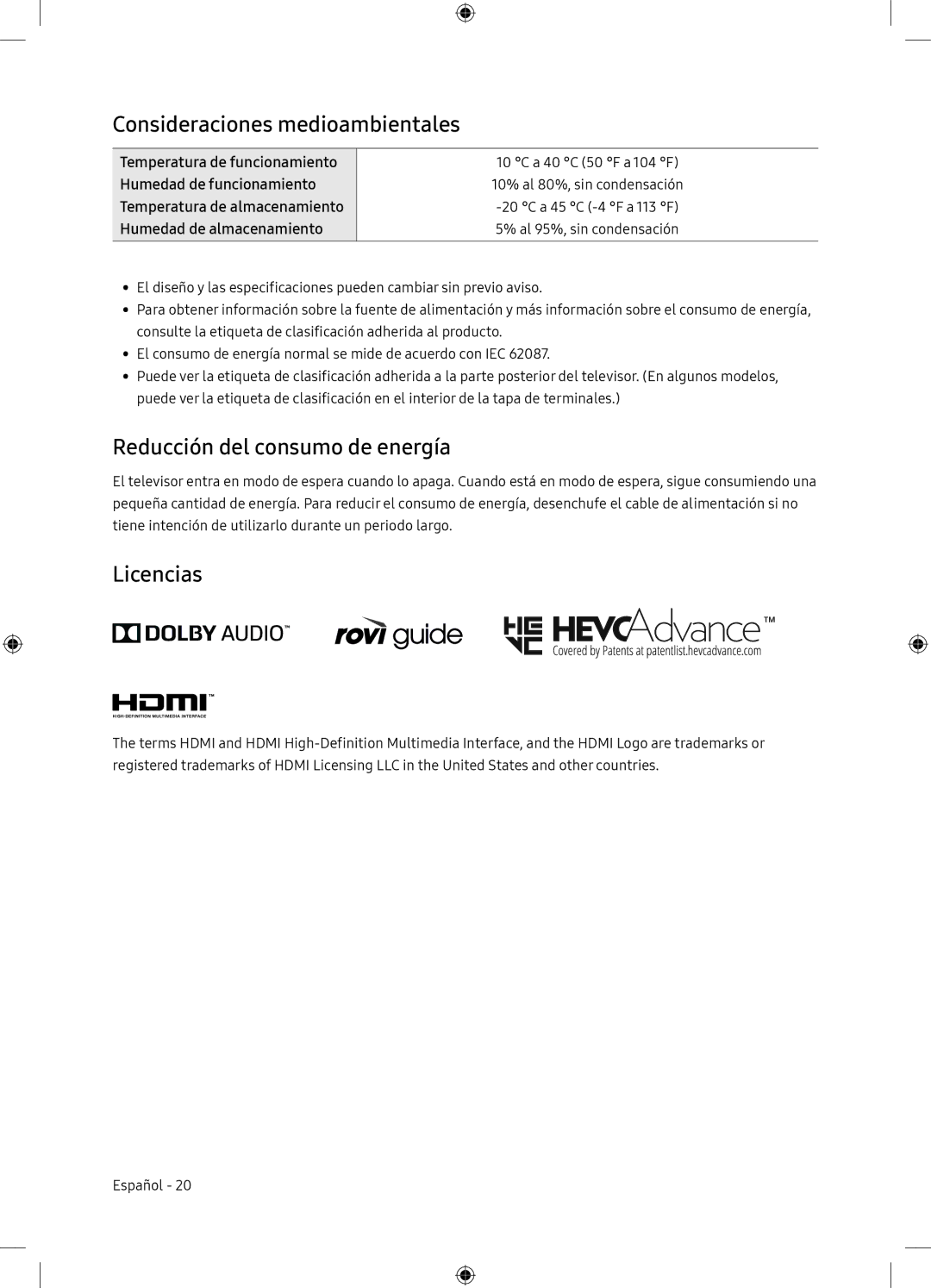 Samsung UE65NU7175UXXC, UE65NU7105KXXC manual Consideraciones medioambientales, Reducción del consumo de energía, Licencias 