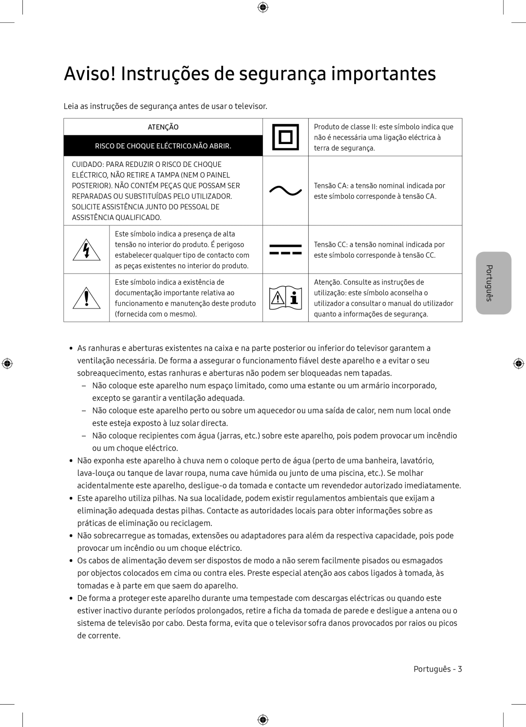 Samsung UE65NU7105KXXC, UE65NU7175UXXC manual Aviso! Instruções de segurança importantes 