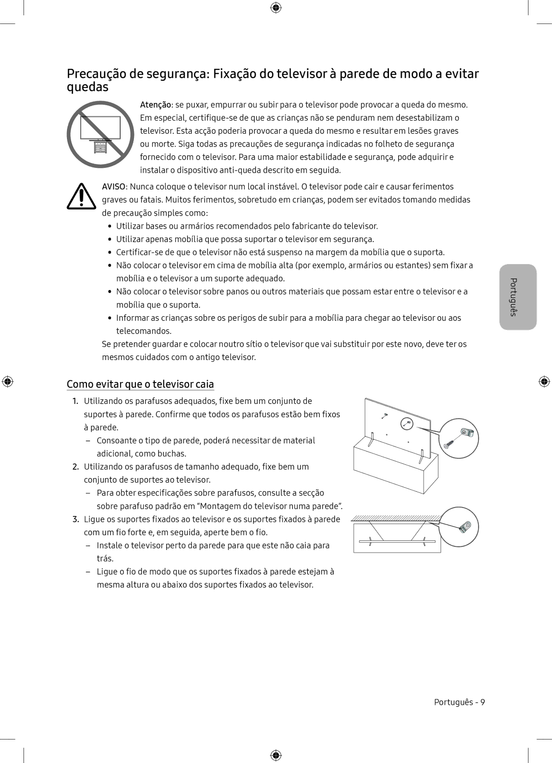 Samsung UE65NU7105KXXC, UE65NU7175UXXC manual Como evitar que o televisor caia 