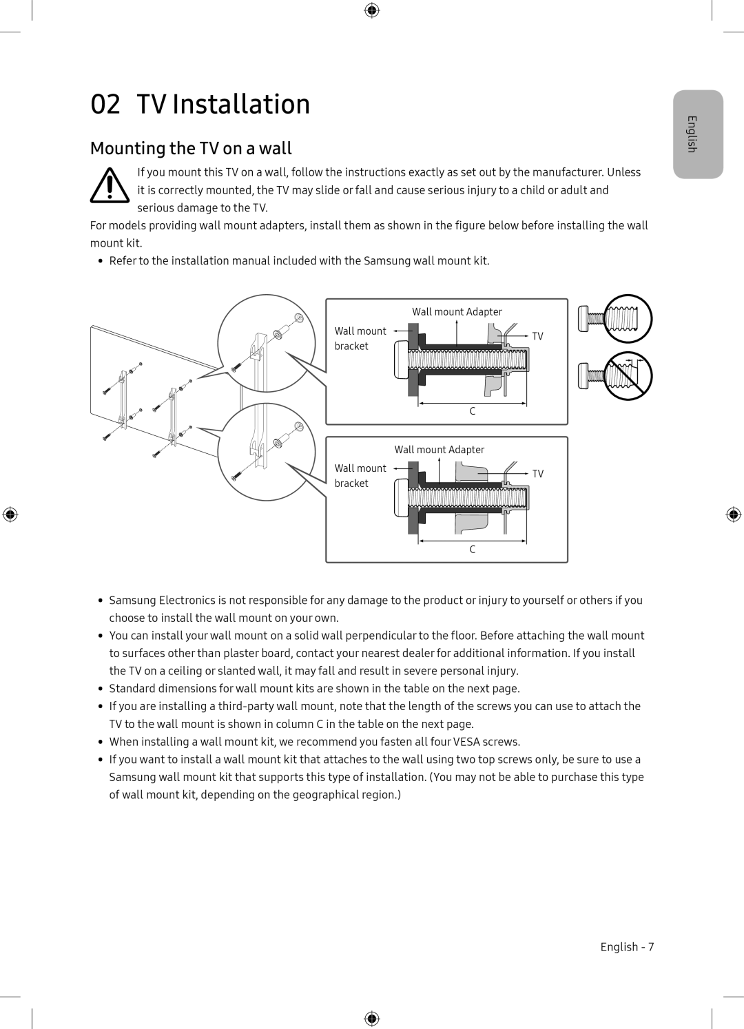 Samsung UE65NU7105KXXC, UE65NU7175UXXC manual TV Installation, Mounting the TV on a wall 