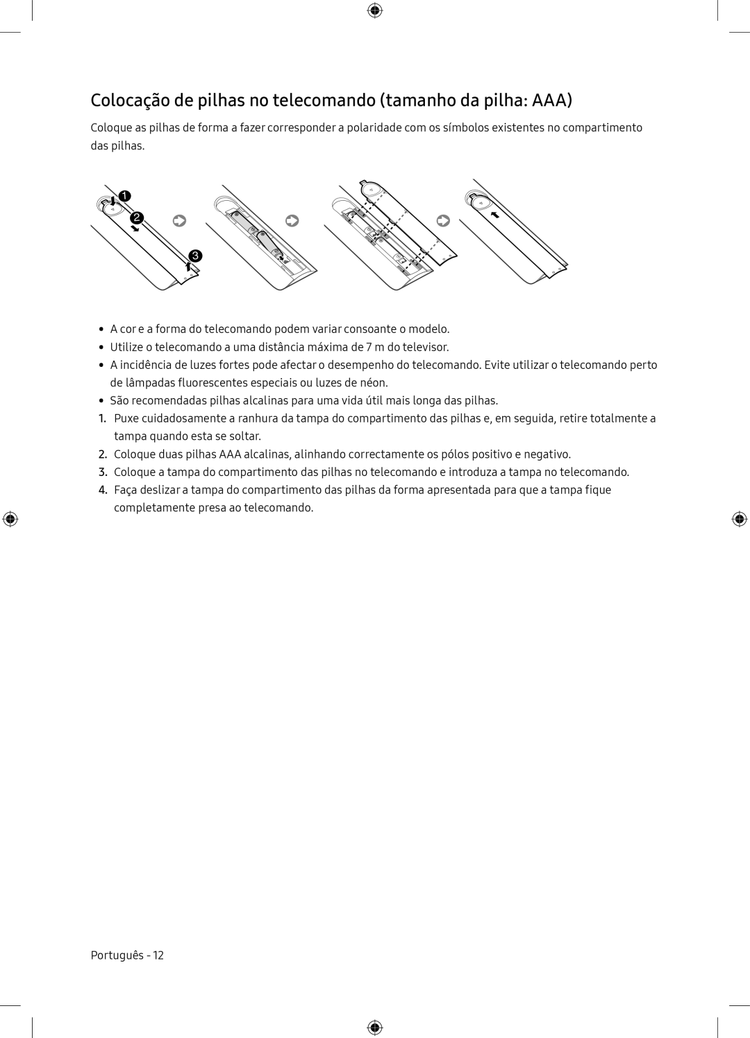 Samsung UE65NU7175UXXC, UE65NU7105KXXC manual Colocação de pilhas no telecomando tamanho da pilha AAA 