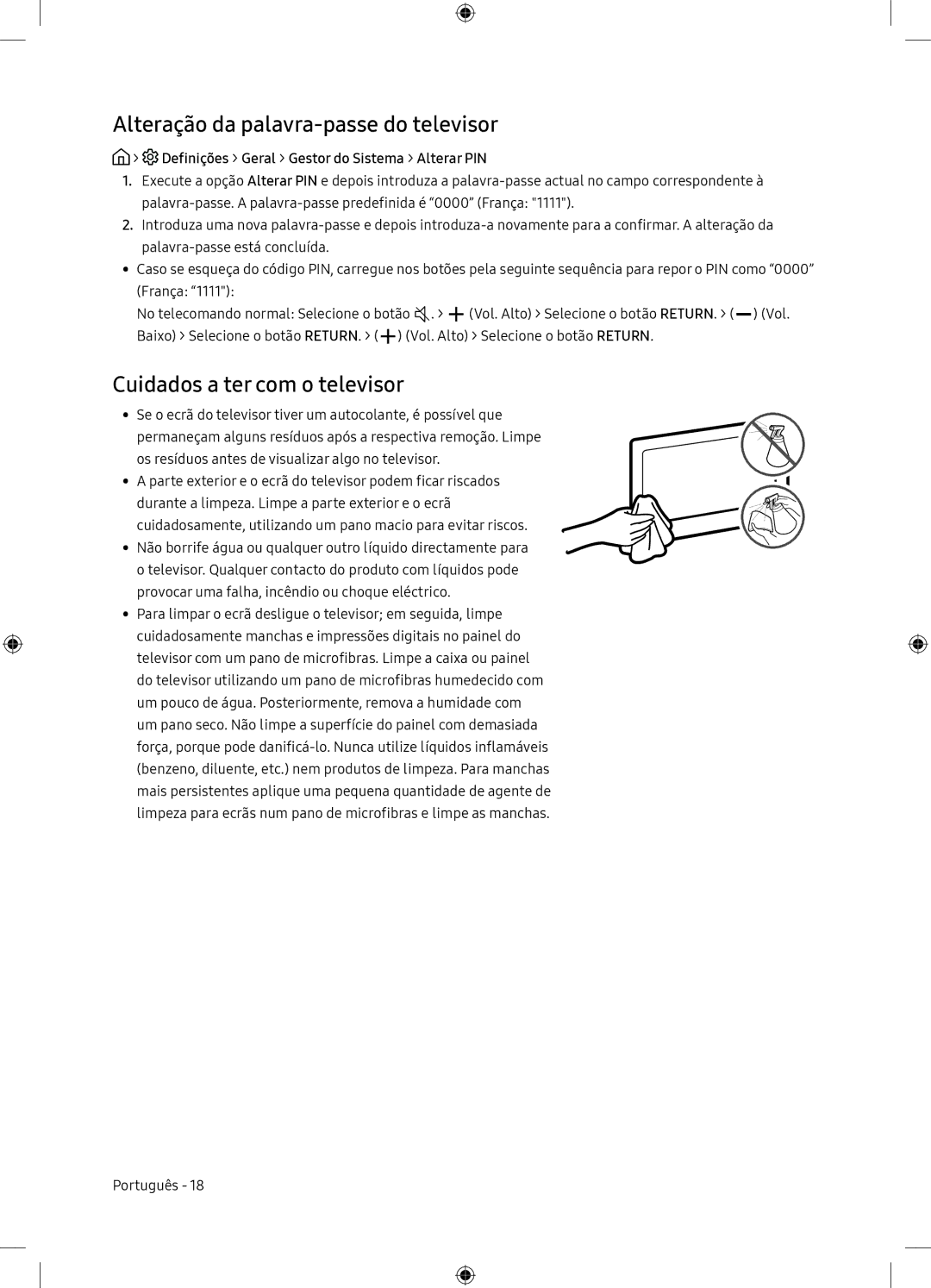 Samsung UE65NU7175UXXC, UE65NU7105KXXC manual Alteração da palavra-passe do televisor, Cuidados a ter com o televisor 