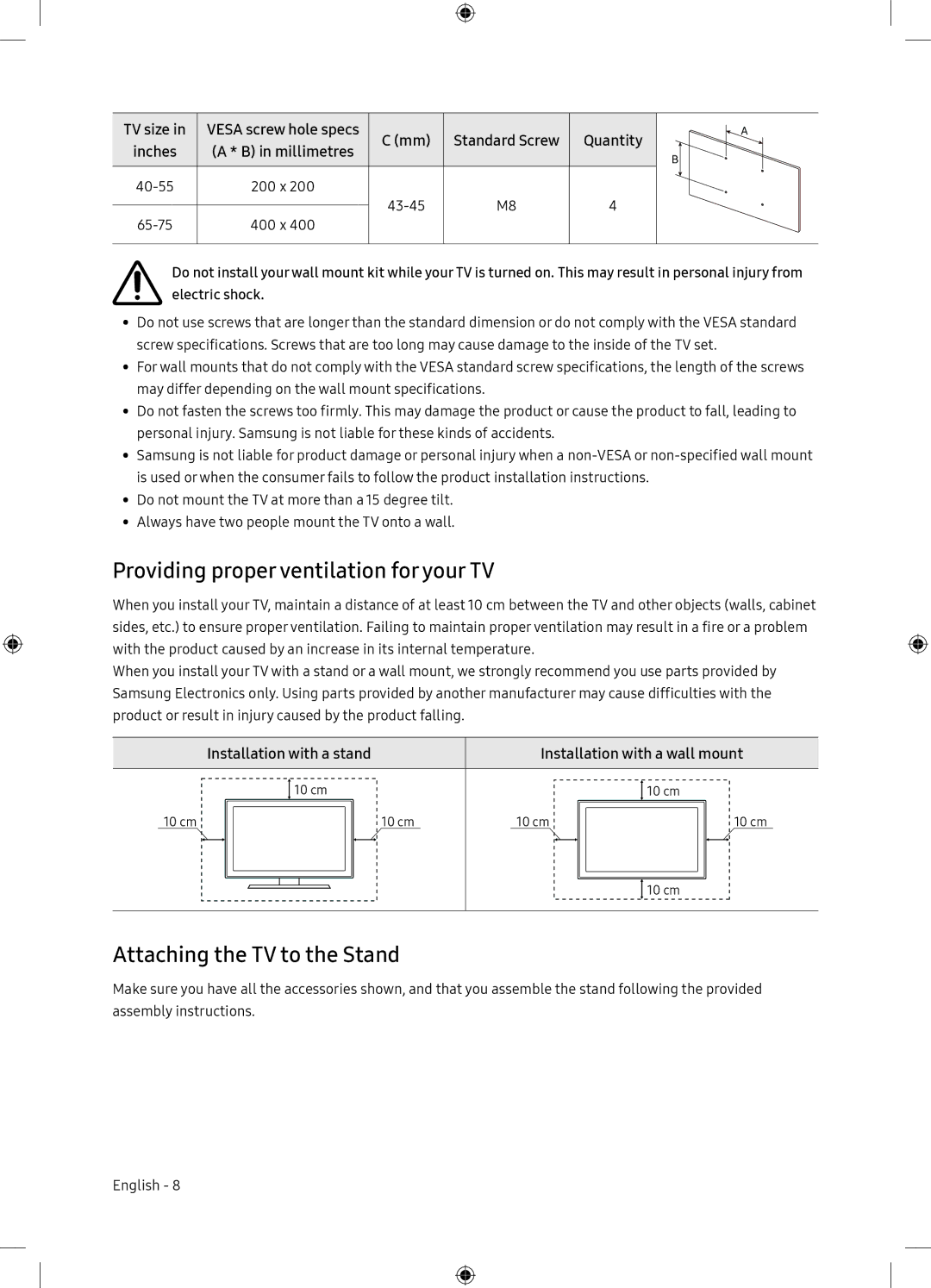 Samsung UE65NU7175UXXC, UE65NU7105KXXC Providing proper ventilation for your TV, Attaching the TV to the Stand, Quantity 