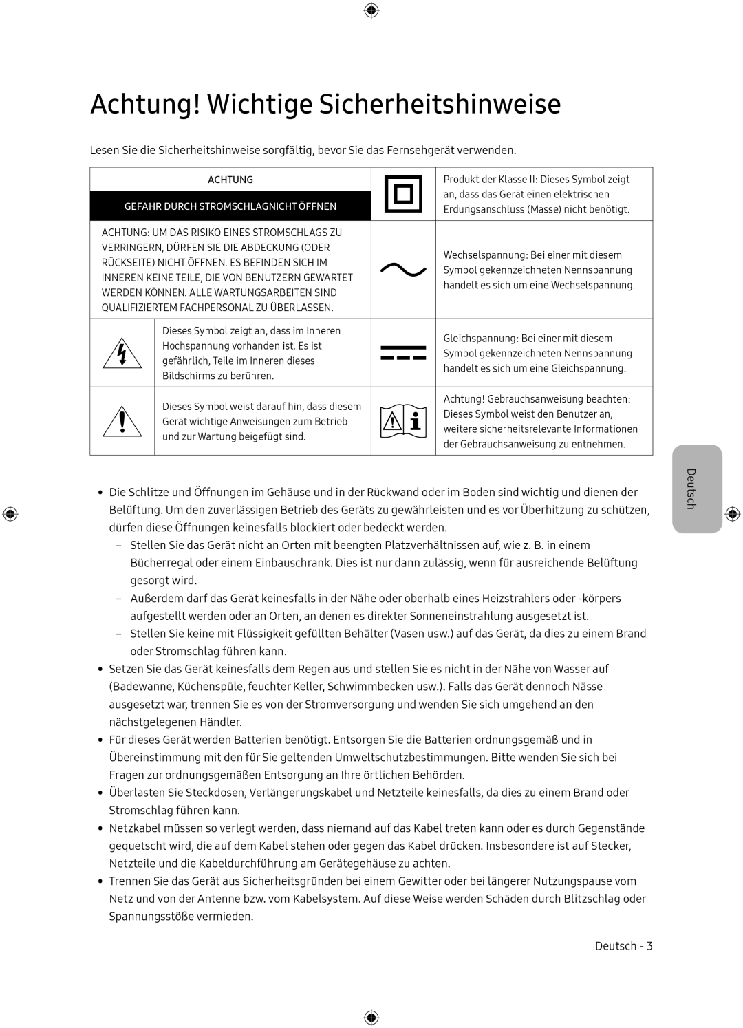 Samsung UE65NU7105KXXC, UE65NU7175UXXC manual Achtung! Wichtige Sicherheitshinweise, Gefahr Durch Stromschlagnicht Öffnen 