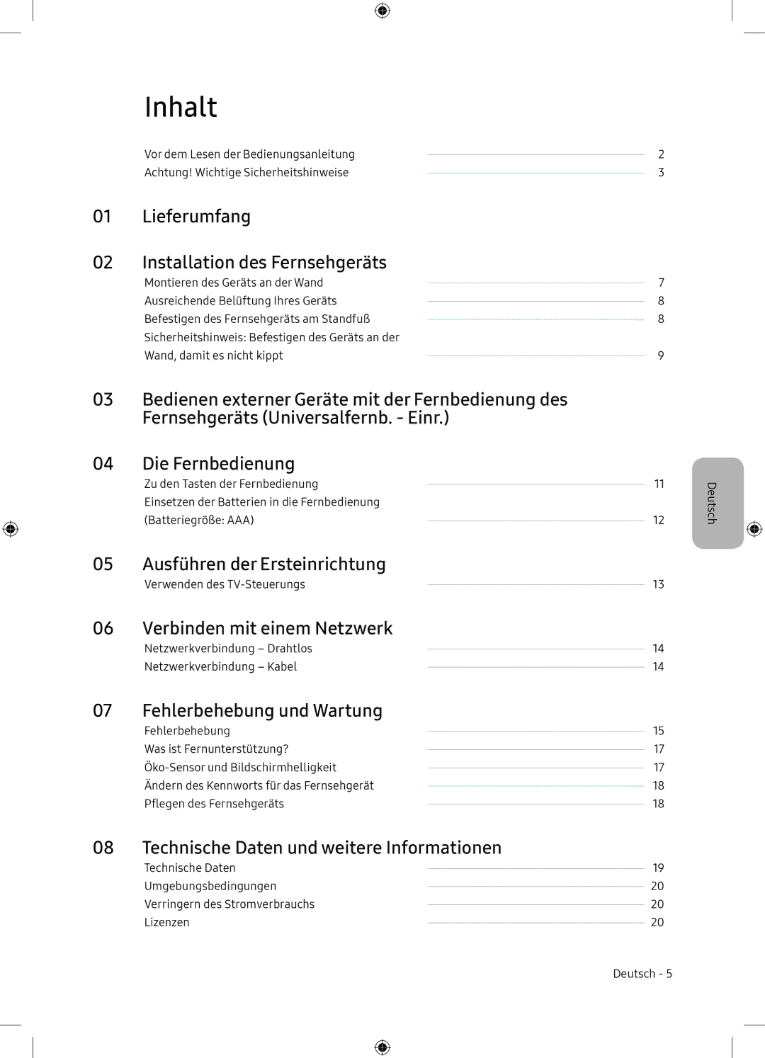 Samsung UE65NU7105KXXC, UE65NU7175UXXC manual Inhalt 