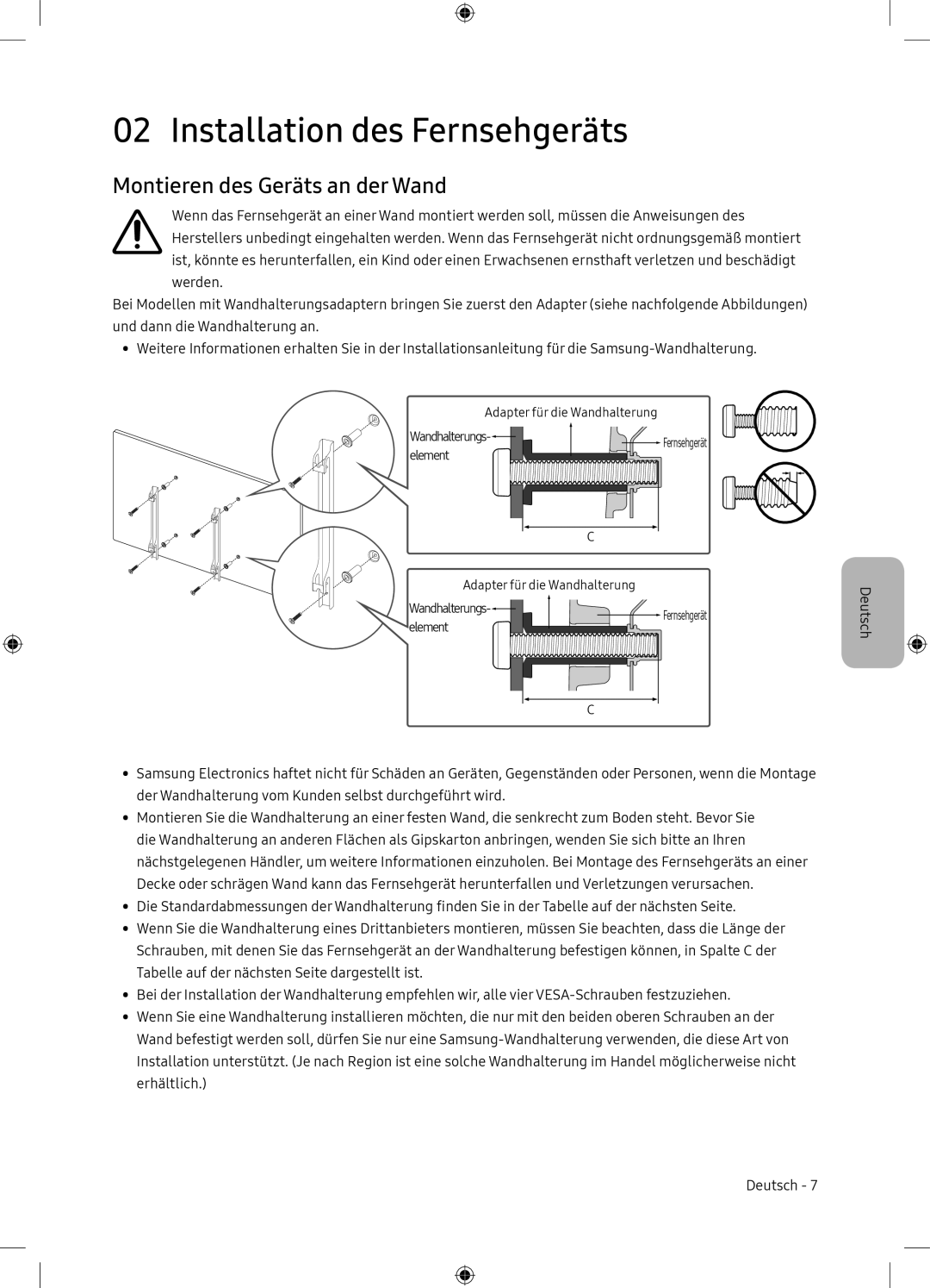 Samsung UE65NU7105KXXC, UE65NU7175UXXC manual Installation des Fernsehgeräts, Montieren des Geräts an der Wand 