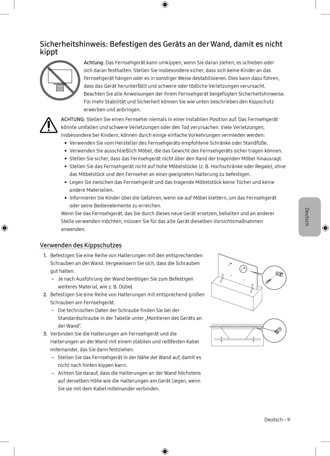 Samsung UE65NU7105KXXC, UE65NU7175UXXC manual Verwenden des Kippschutzes 