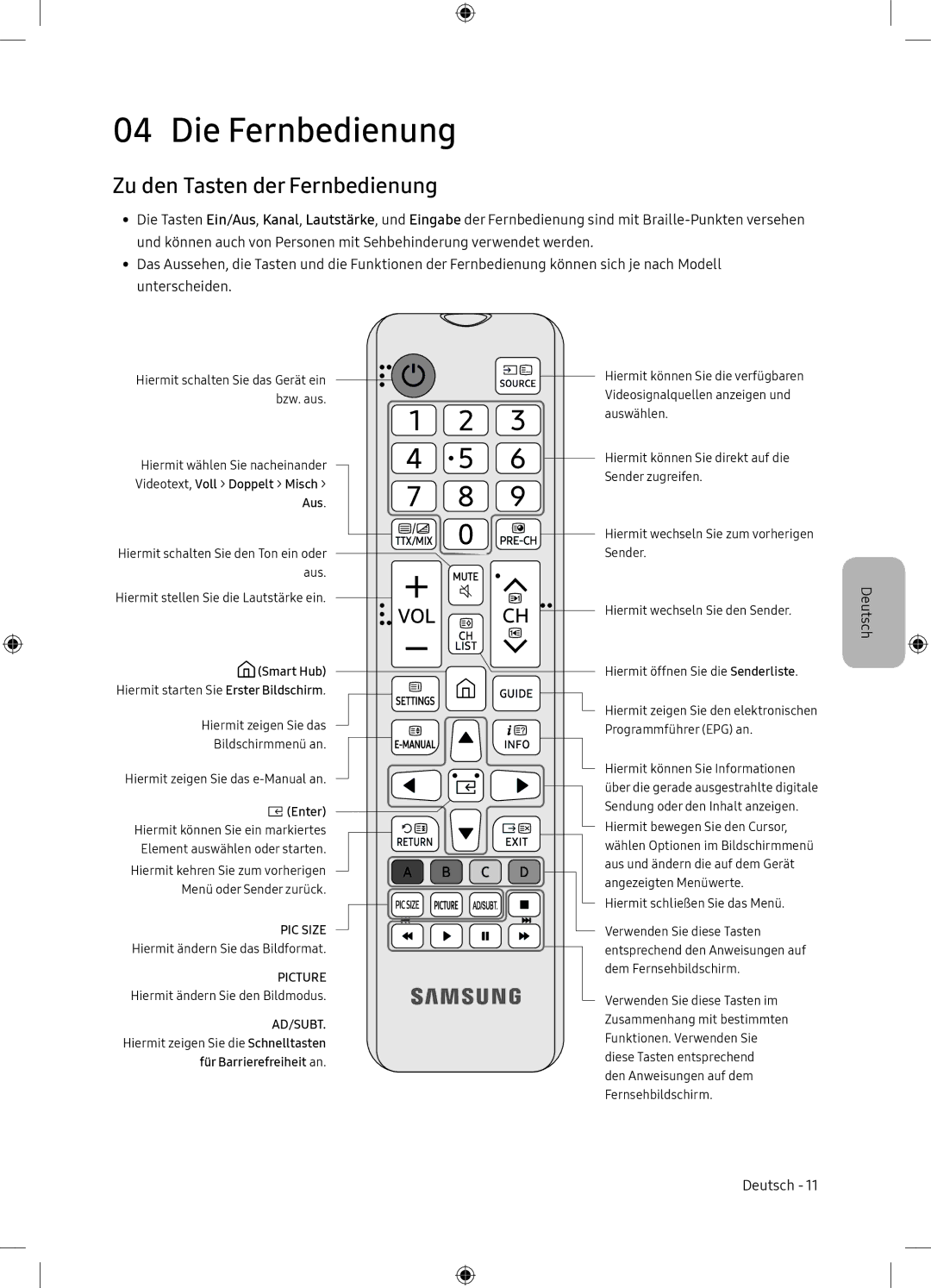 Samsung UE65NU7105KXXC, UE65NU7175UXXC manual Die Fernbedienung, Zu den Tasten der Fernbedienung 