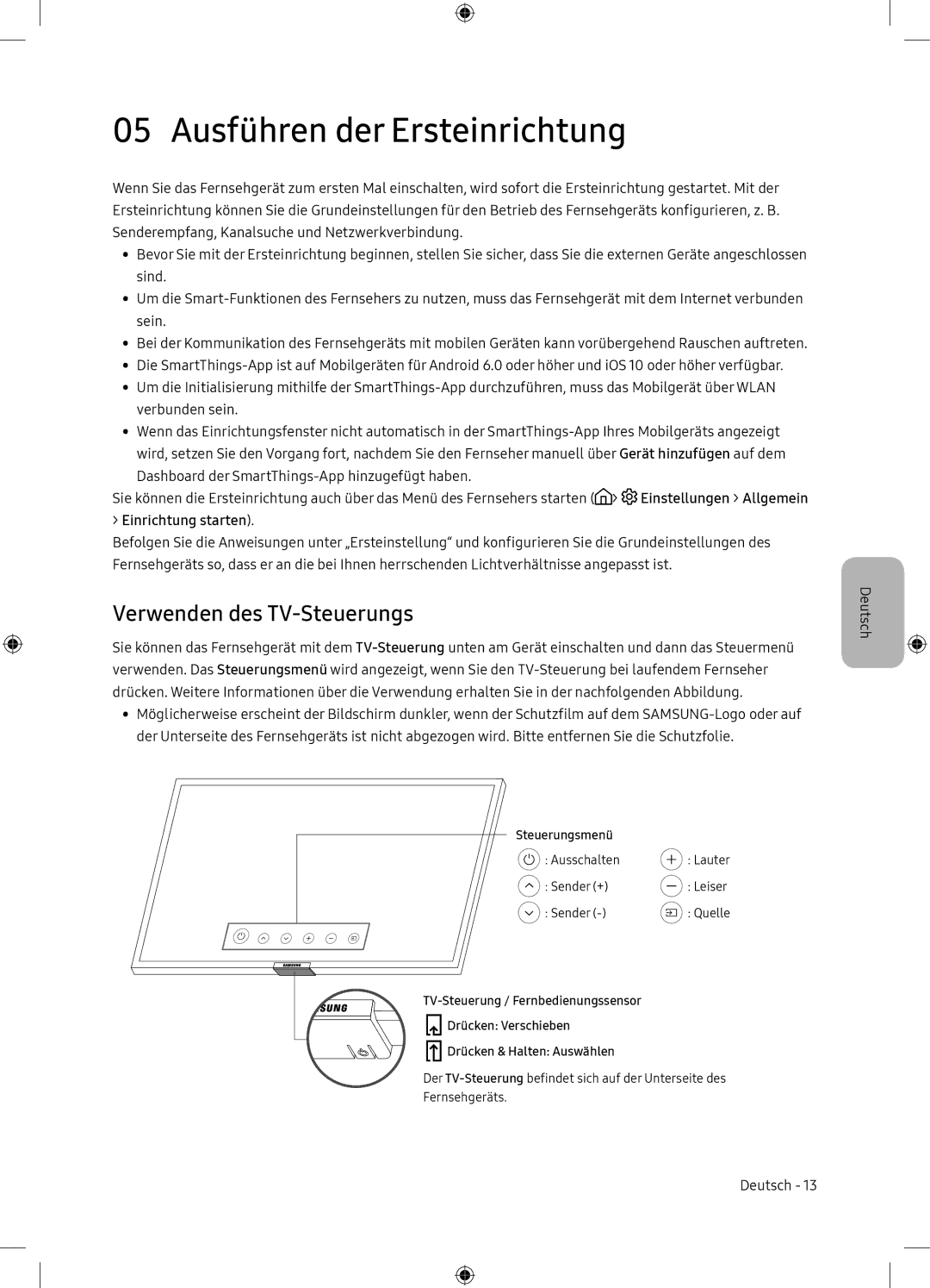 Samsung UE65NU7105KXXC, UE65NU7175UXXC Ausführen der Ersteinrichtung, Verwenden des TV-Steuerungs, Einrichtung starten 