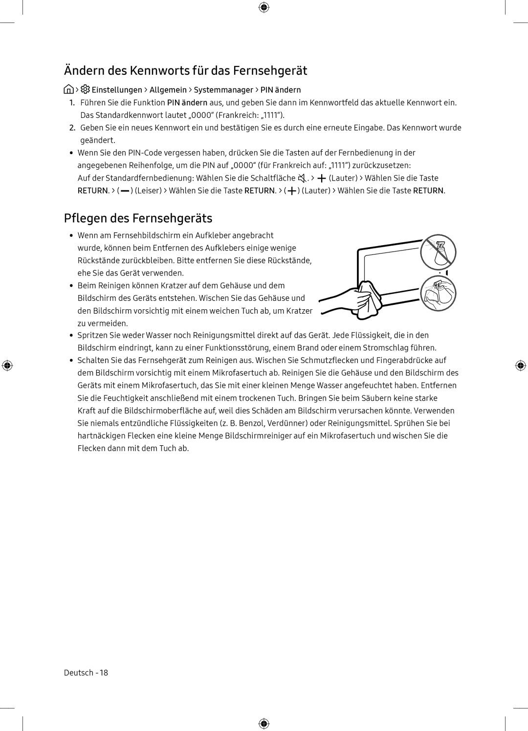 Samsung UE65NU7175UXXC, UE65NU7105KXXC manual Ändern des Kennworts für das Fernsehgerät, Pflegen des Fernsehgeräts, Return 