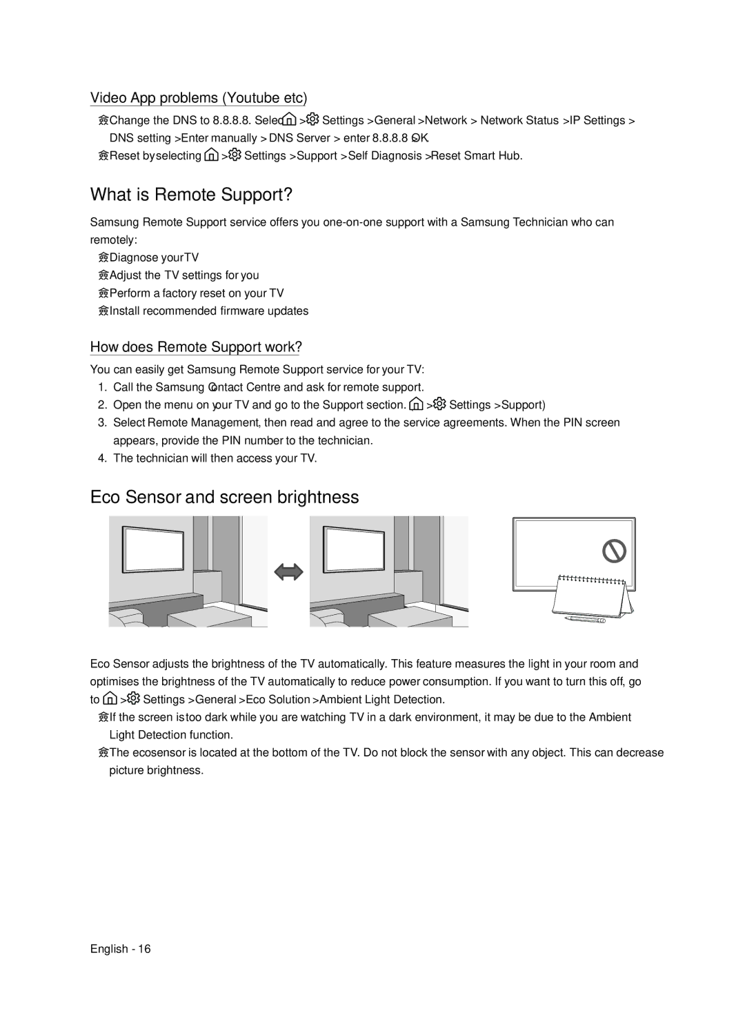 Samsung UE75NU7179UXZG manual What is Remote Support?, Eco Sensor and screen brightness, Video App problems Youtube etc 