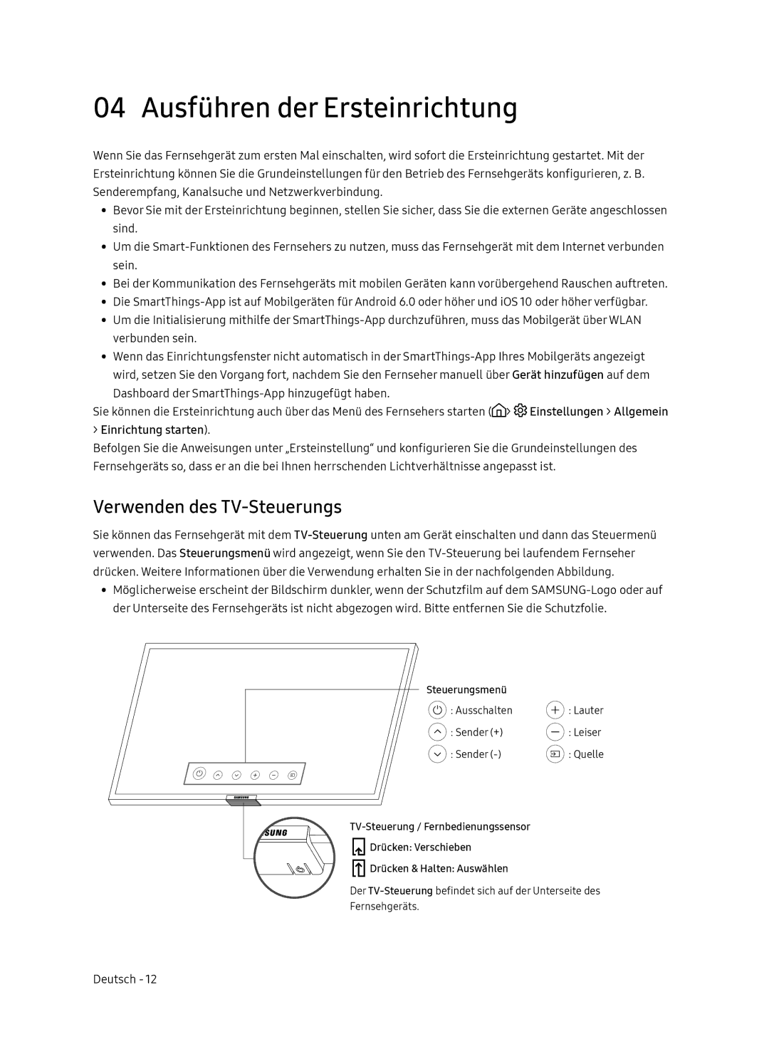 Samsung UE65NU7170UXZT, UE65NU7179UXZG, UE75NU7179UXZG manual Ausführen der Ersteinrichtung, Verwenden des TV-Steuerungs 