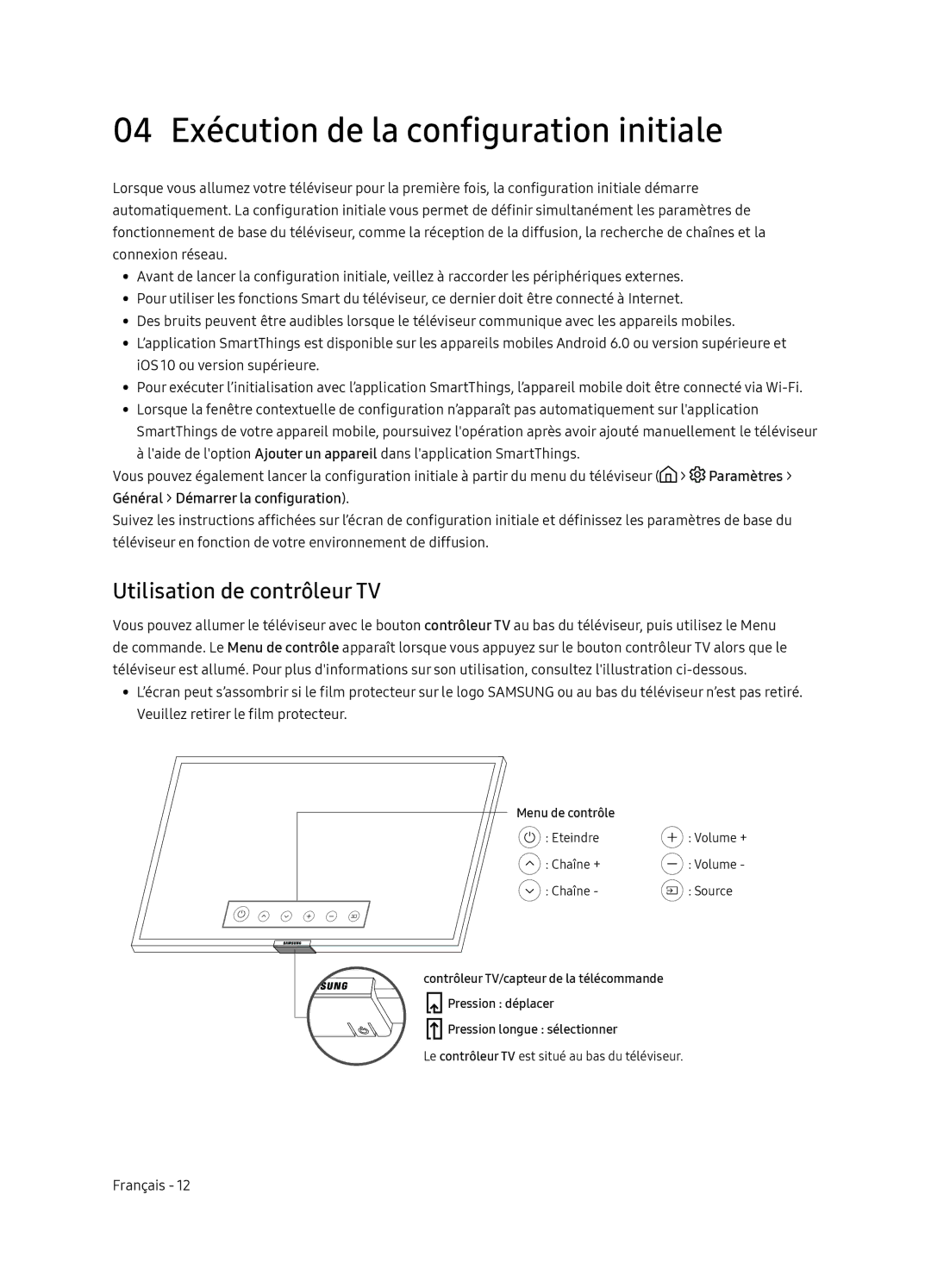 Samsung UE65NU7170UXZT, UE65NU7179UXZG manual 04 Exécution de la configuration initiale, Utilisation de contrôleur TV 