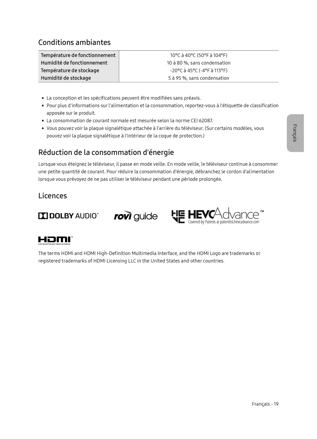 Samsung UE65NU7170UXZG manual Conditions ambiantes, Réduction de la consommation dénergie, Humidité de fonctionnement 