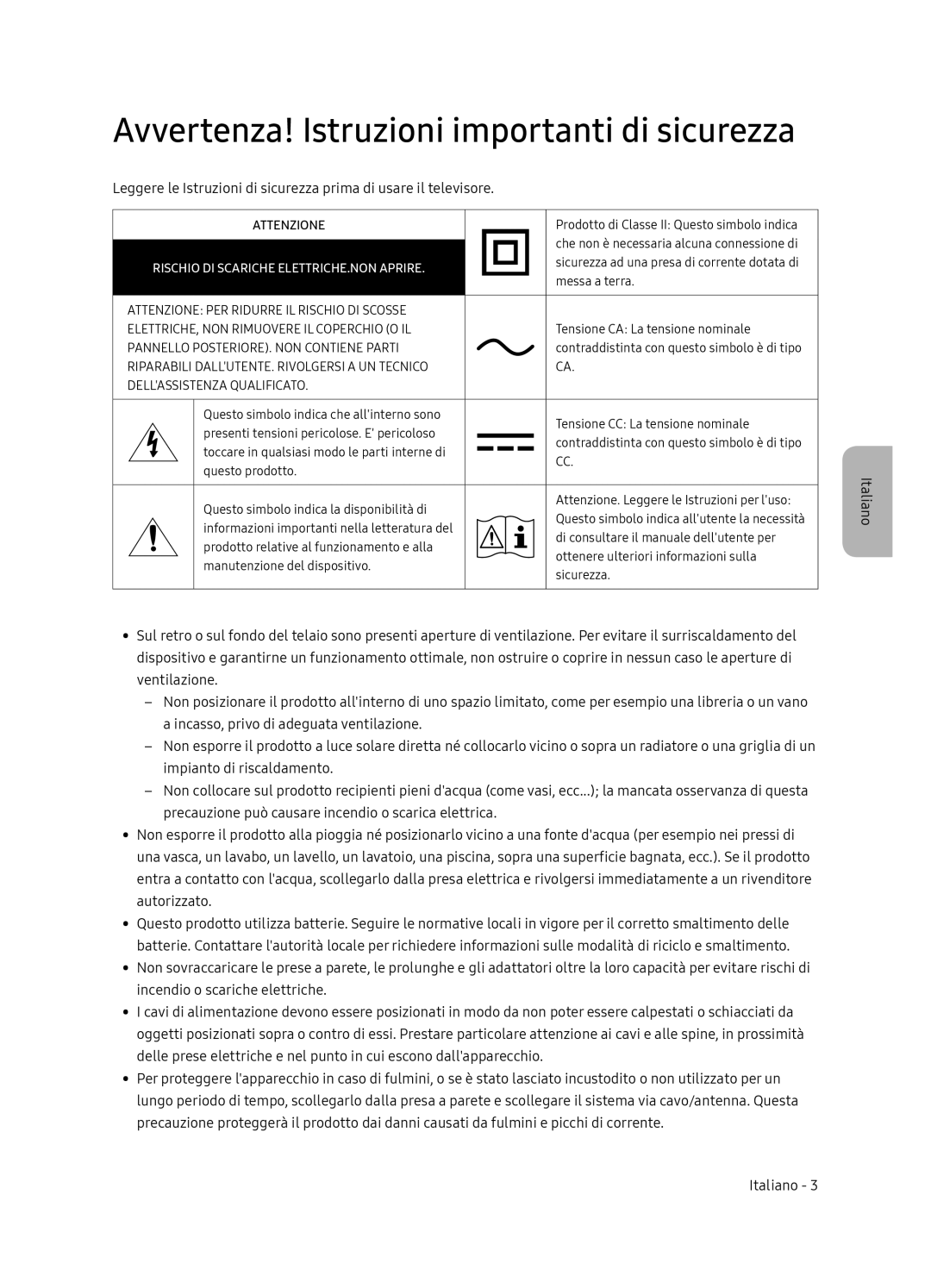 Samsung UE75NU7170UXZG, UE65NU7179UXZG, UE75NU7179UXZG, UE65NU7170UXZT manual Avvertenza! Istruzioni importanti di sicurezza 