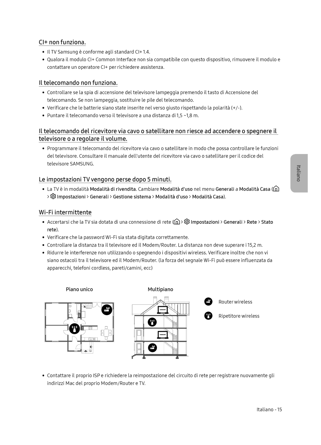 Samsung UE65NU7179UXZG manual CI+ non funziona, Il telecomando non funziona, Le impostazioni TV vengono perse dopo 5 minuti 