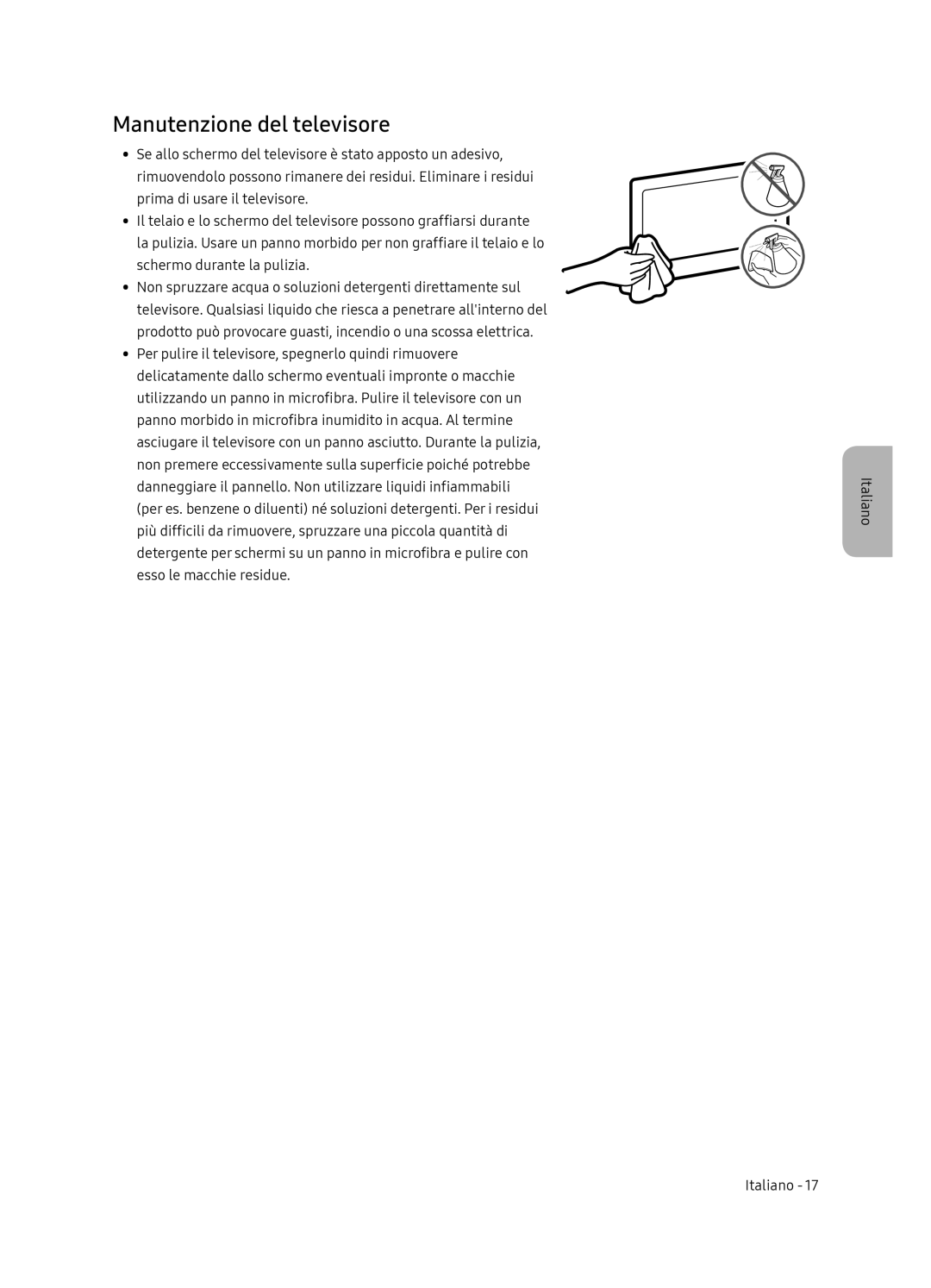 Samsung UE65NU7170UXZT, UE65NU7179UXZG, UE75NU7179UXZG, UE75NU7170UXZG, UE65NU7170UXZG manual Manutenzione del televisore 