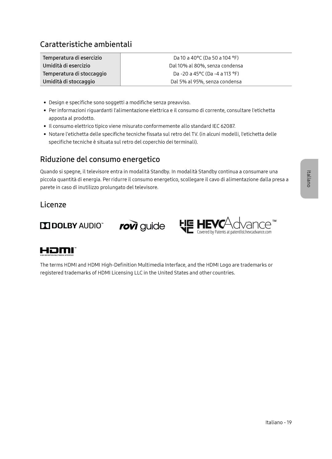 Samsung UE65NU7170UXZG, UE65NU7179UXZG manual Caratteristiche ambientali, Riduzione del consumo energetico, Licenze 