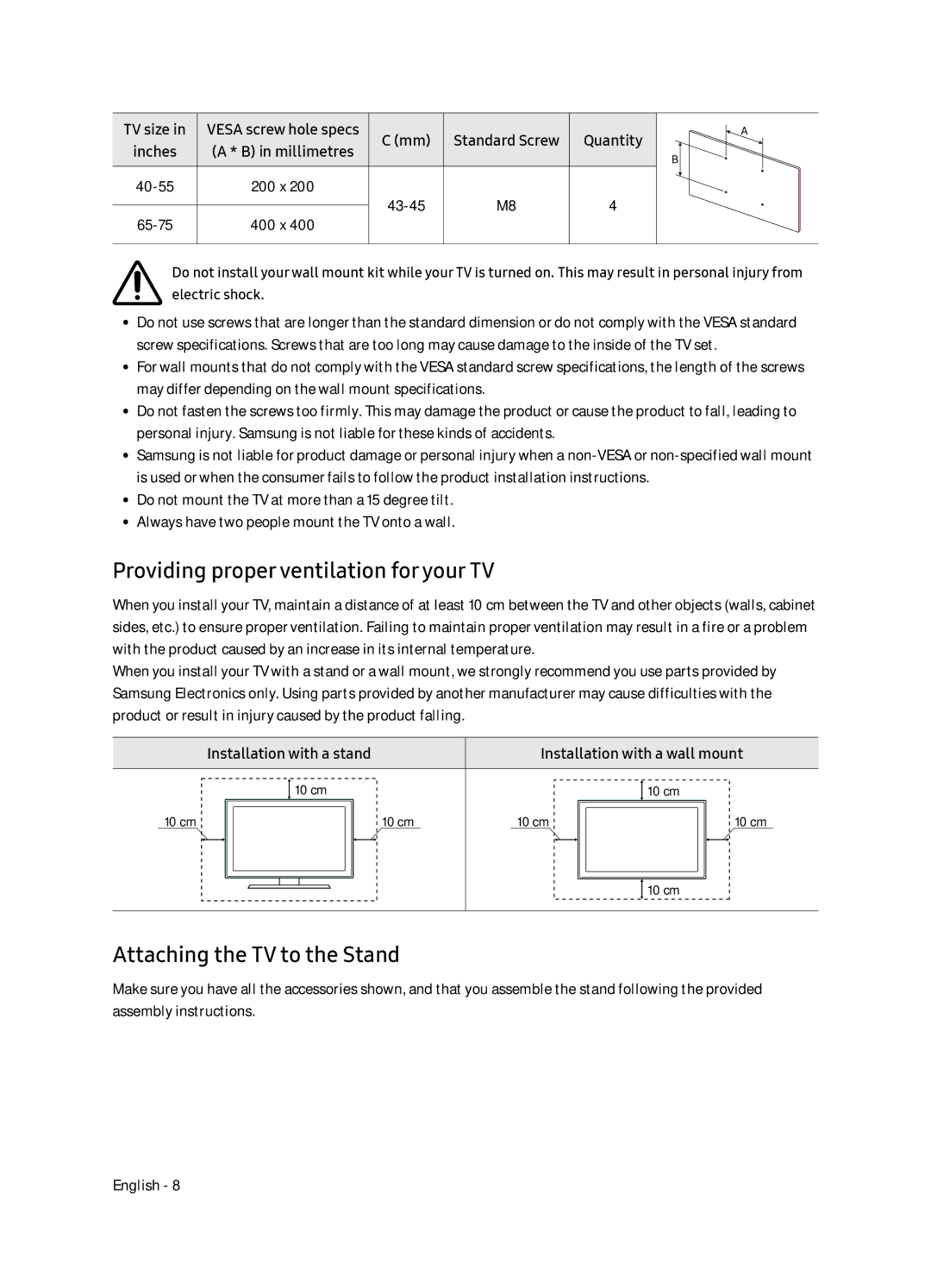 Samsung UE75NU7170UXZG, UE65NU7179UXZG manual Providing proper ventilation for your TV, Attaching the TV to the Stand 