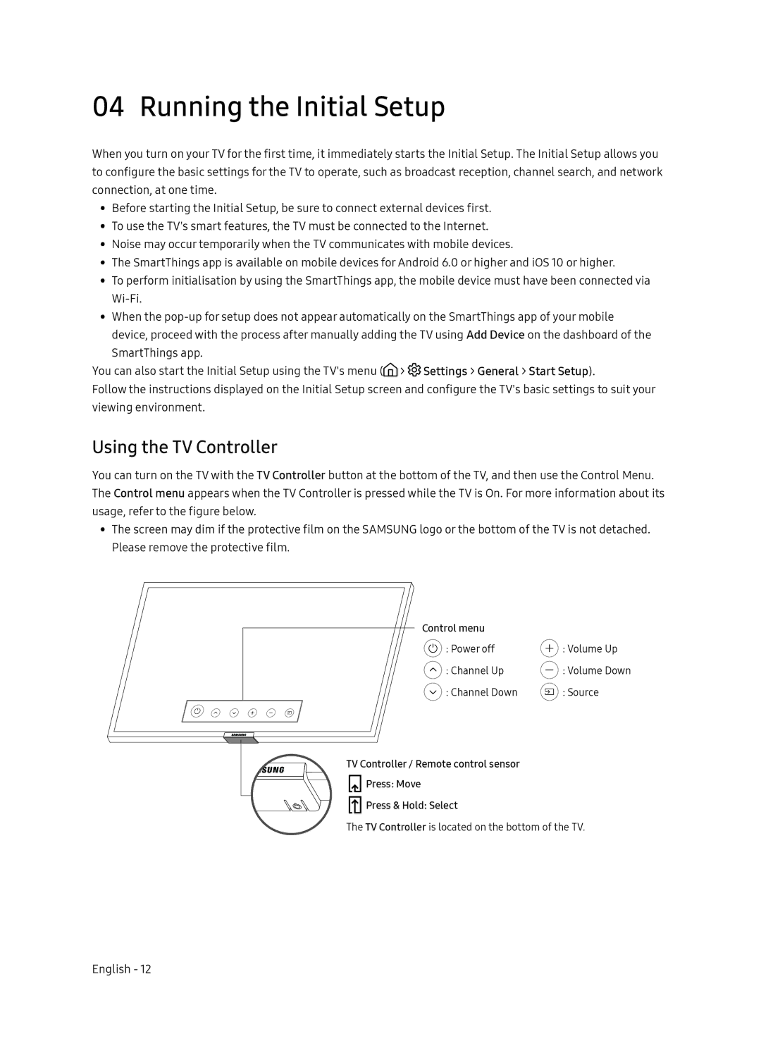 Samsung UE65NU7370UXZG manual Running the Initial Setup, Using the TV Controller 