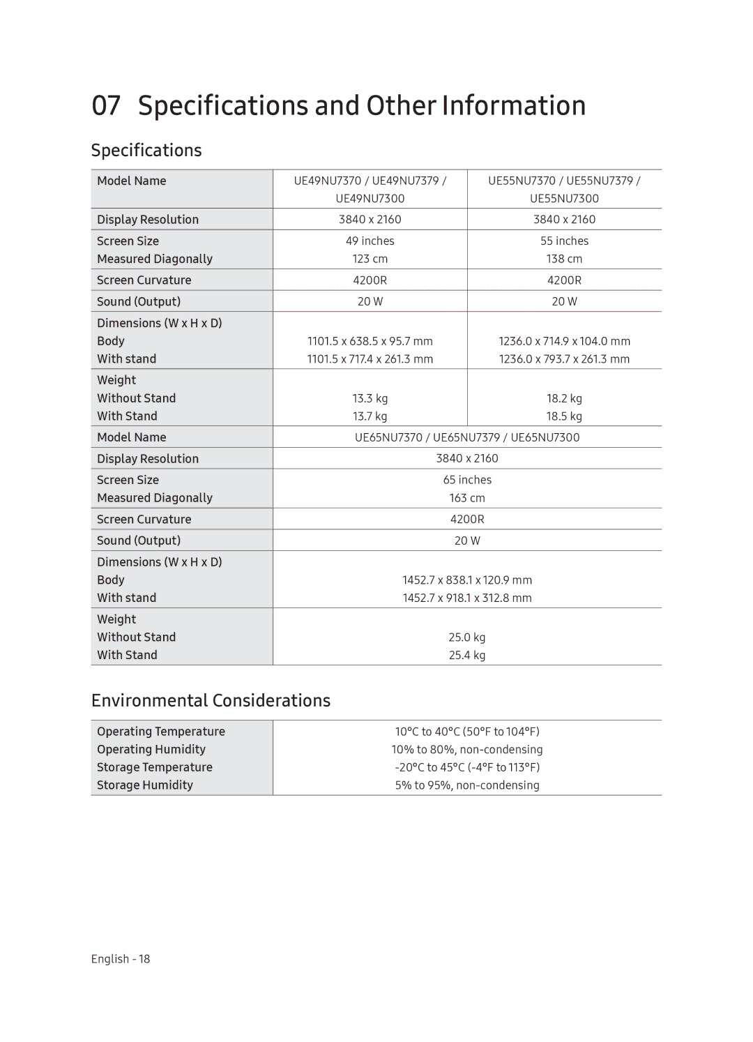 Samsung UE65NU7370UXZG manual Specifications and Other Information, Environmental Considerations 