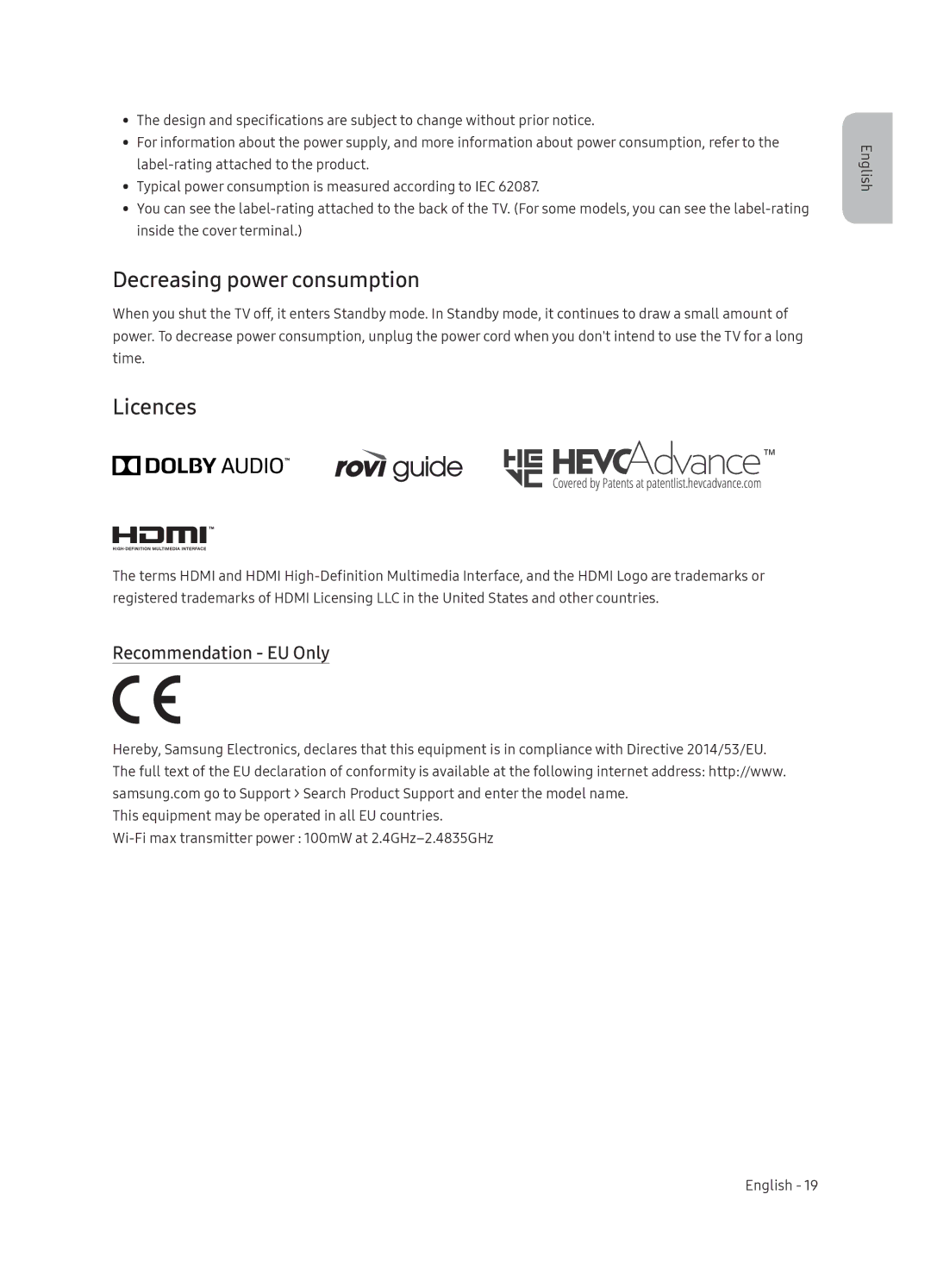 Samsung UE65NU7370UXZG manual Decreasing power consumption, Licences, Recommendation EU Only 