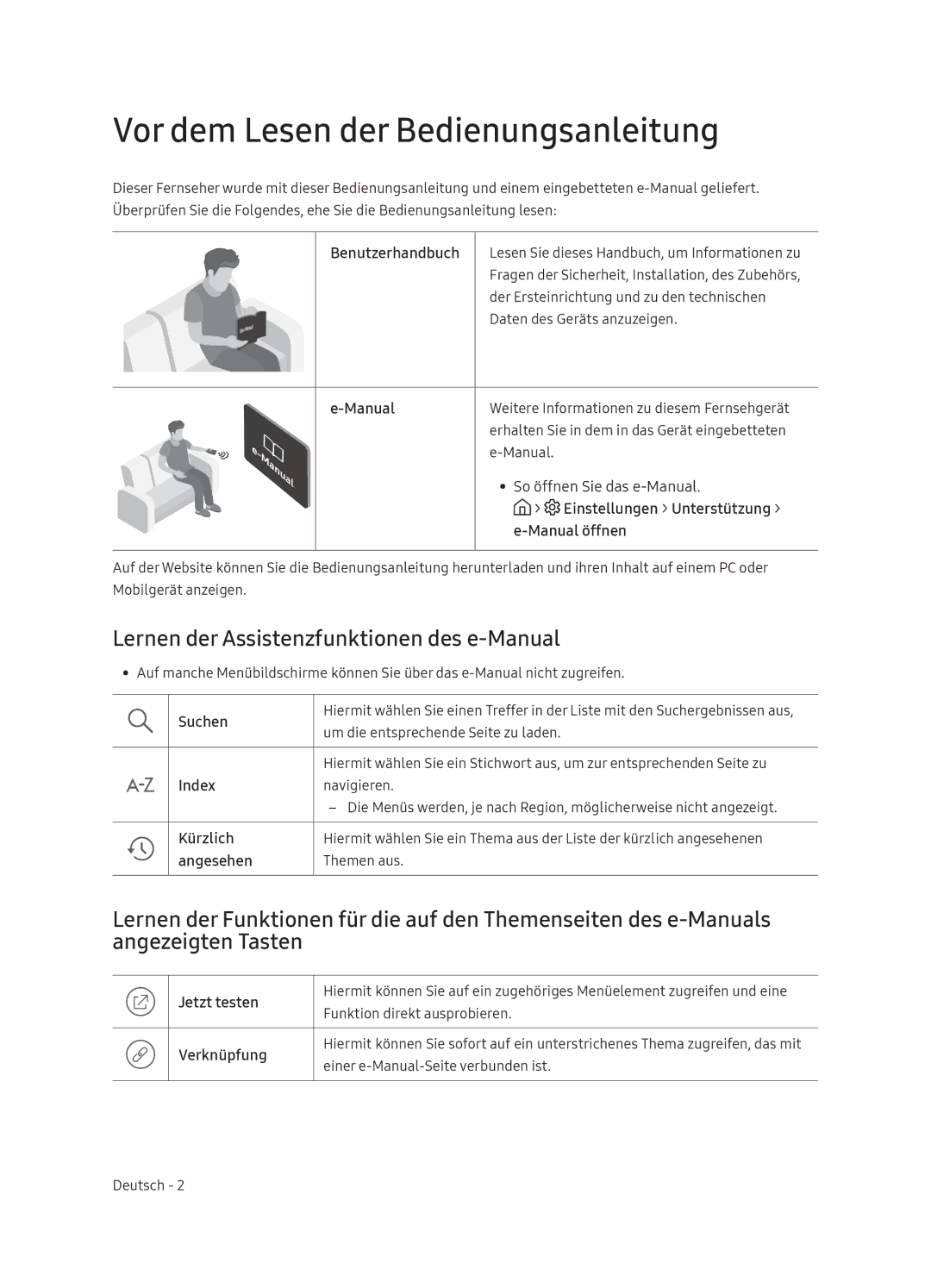 Samsung UE65NU7370UXZG manual Vor dem Lesen der Bedienungsanleitung, Lernen der Assistenzfunktionen des e-Manual 