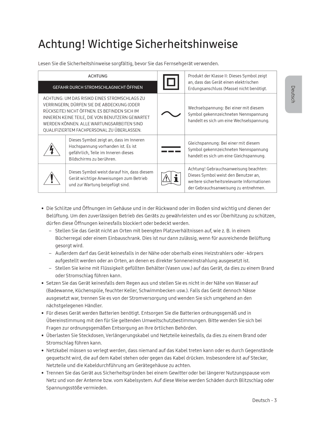 Samsung UE65NU7370UXZG manual Achtung! Wichtige Sicherheitshinweise, Gefahr Durch Stromschlagnicht Öffnen 