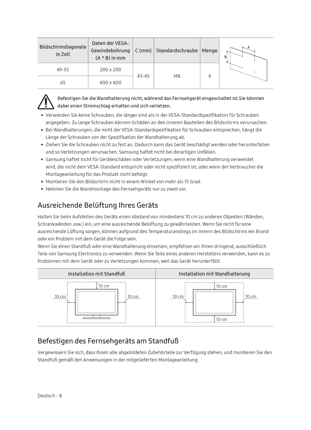 Samsung UE65NU7370UXZG manual Ausreichende Belüftung Ihres Geräts, Befestigen des Fernsehgeräts am Standfuß, Menge 