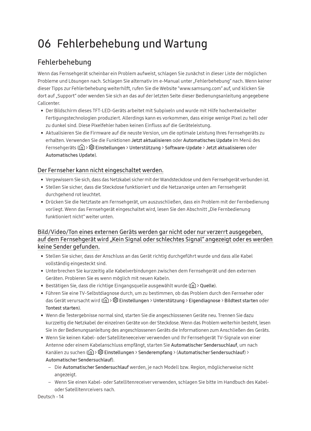 Samsung UE65NU7370UXZG manual Fehlerbehebung und Wartung, Der Fernseher kann nicht eingeschaltet werden 