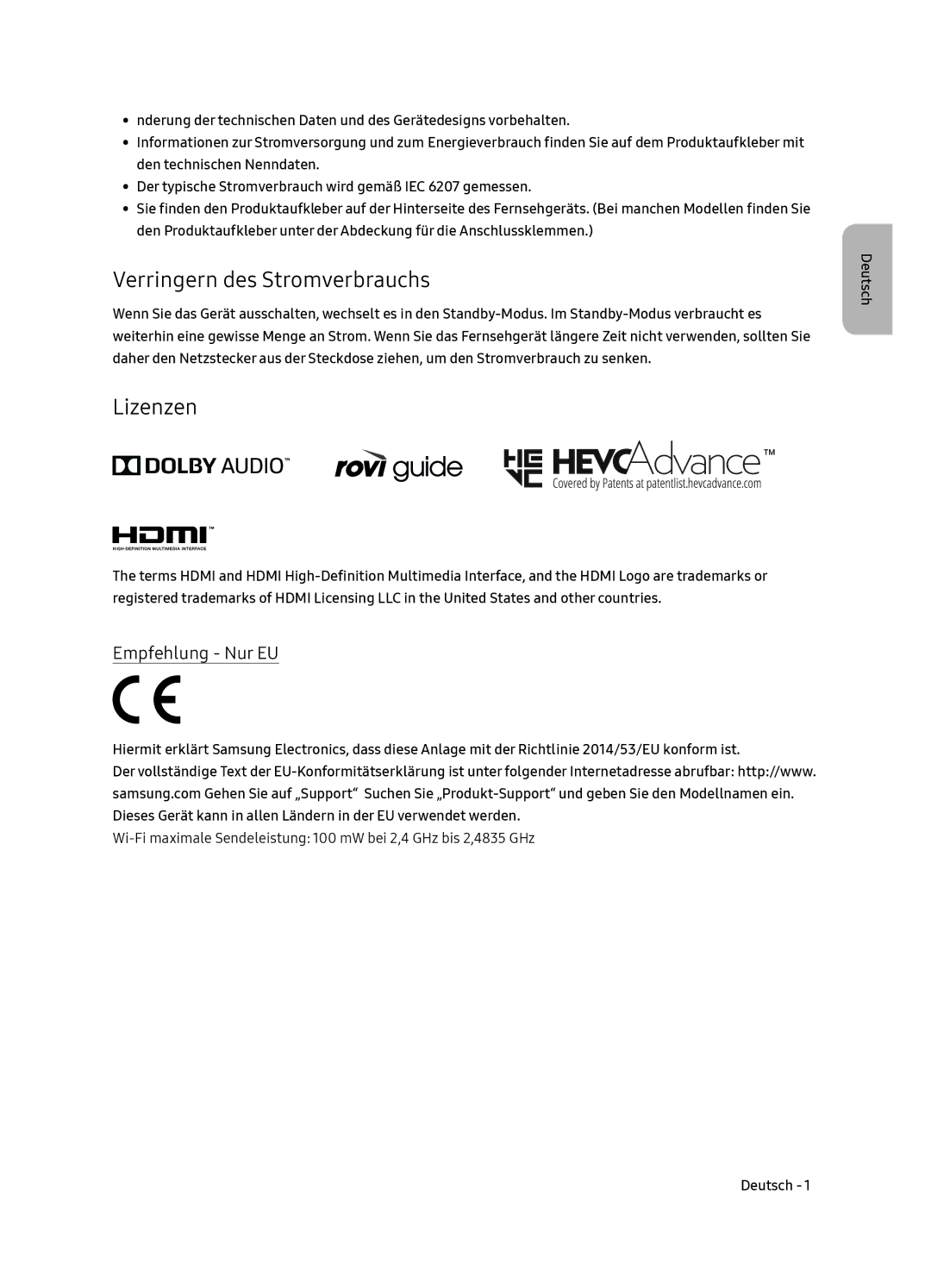 Samsung UE65NU7370UXZG manual Verringern des Stromverbrauchs, Lizenzen, Empfehlung Nur EU 