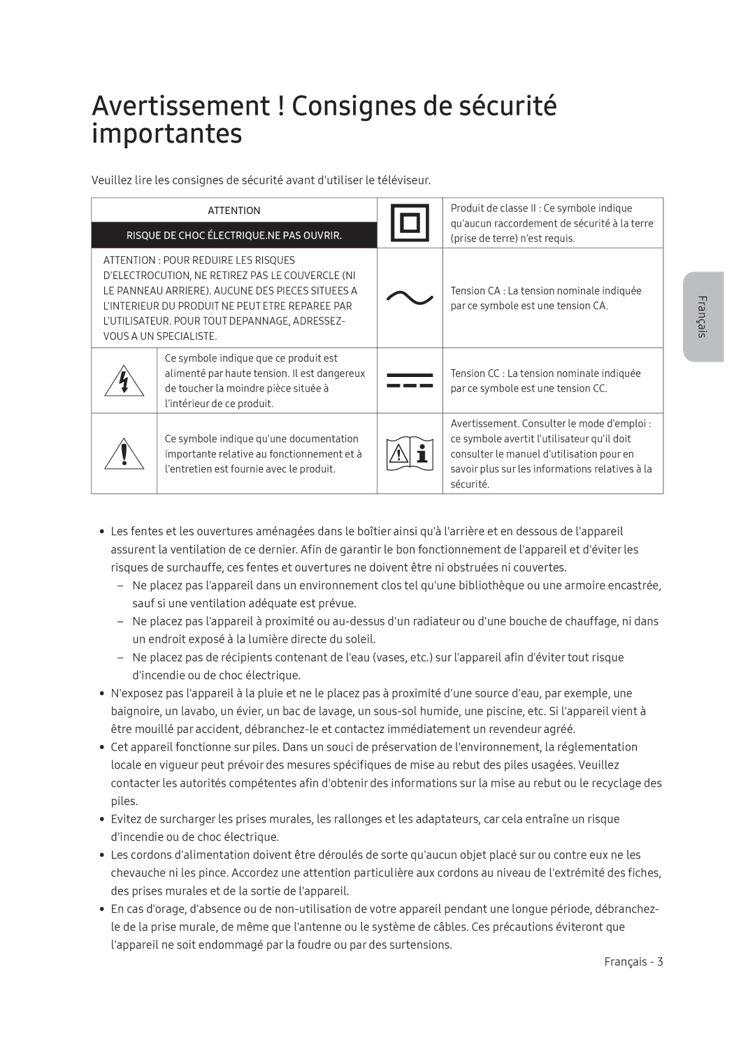 Samsung UE65NU7370UXZG manual Avertissement ! Consignes de sécurité importantes, Prise de terre nest requis 