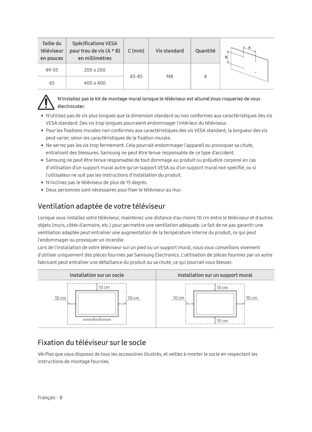 Samsung UE65NU7370UXZG manual Ventilation adaptée de votre téléviseur, Fixation du téléviseur sur le socle 