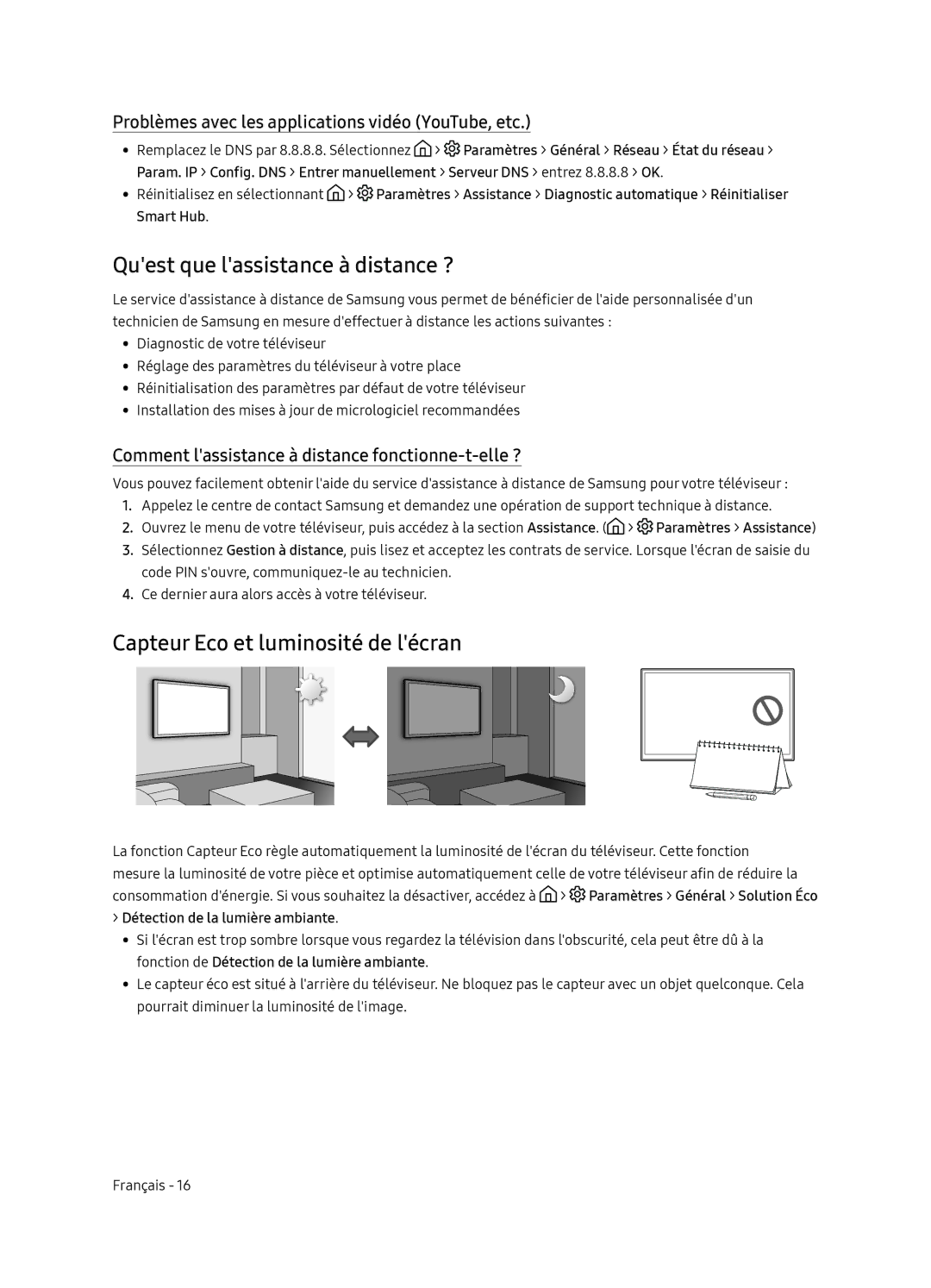 Samsung UE65NU7370UXZG manual Quest que lassistance à distance ?, Capteur Eco et luminosité de lécran 