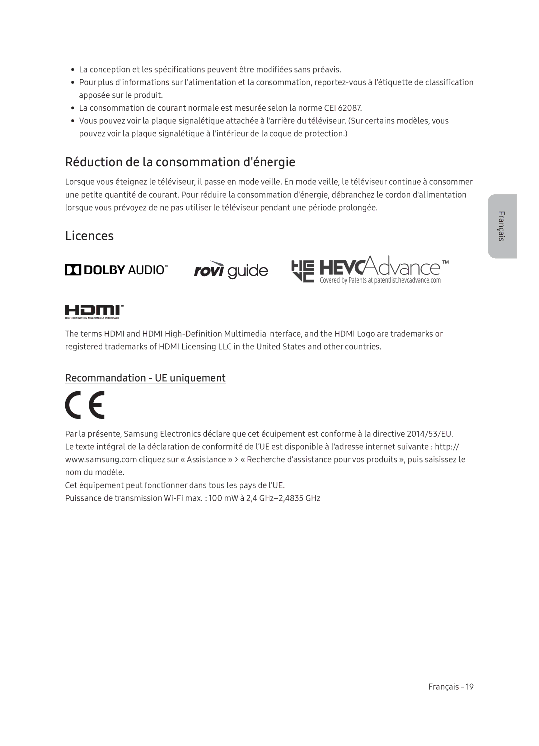 Samsung UE65NU7370UXZG manual Réduction de la consommation dénergie, Recommandation UE uniquement 