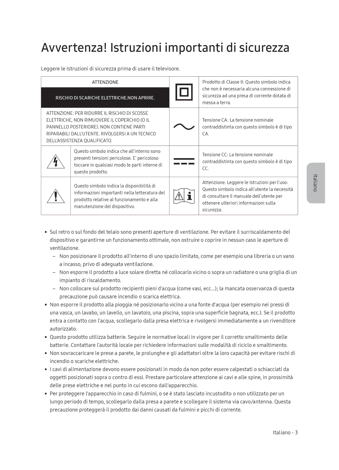 Samsung UE65NU7370UXZG manual Avvertenza! Istruzioni importanti di sicurezza 