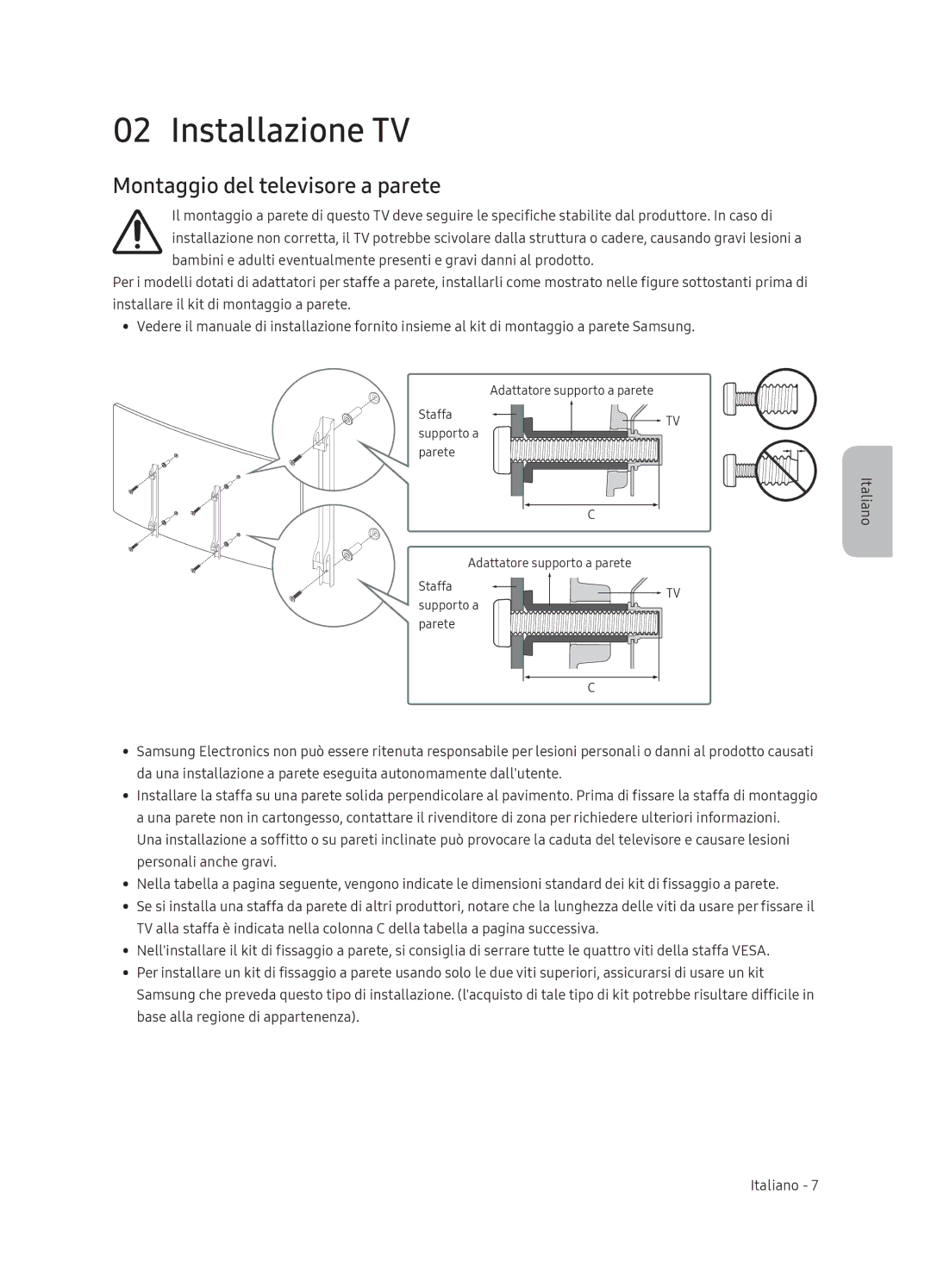 Samsung UE65NU7370UXZG manual Installazione TV, Montaggio del televisore a parete 