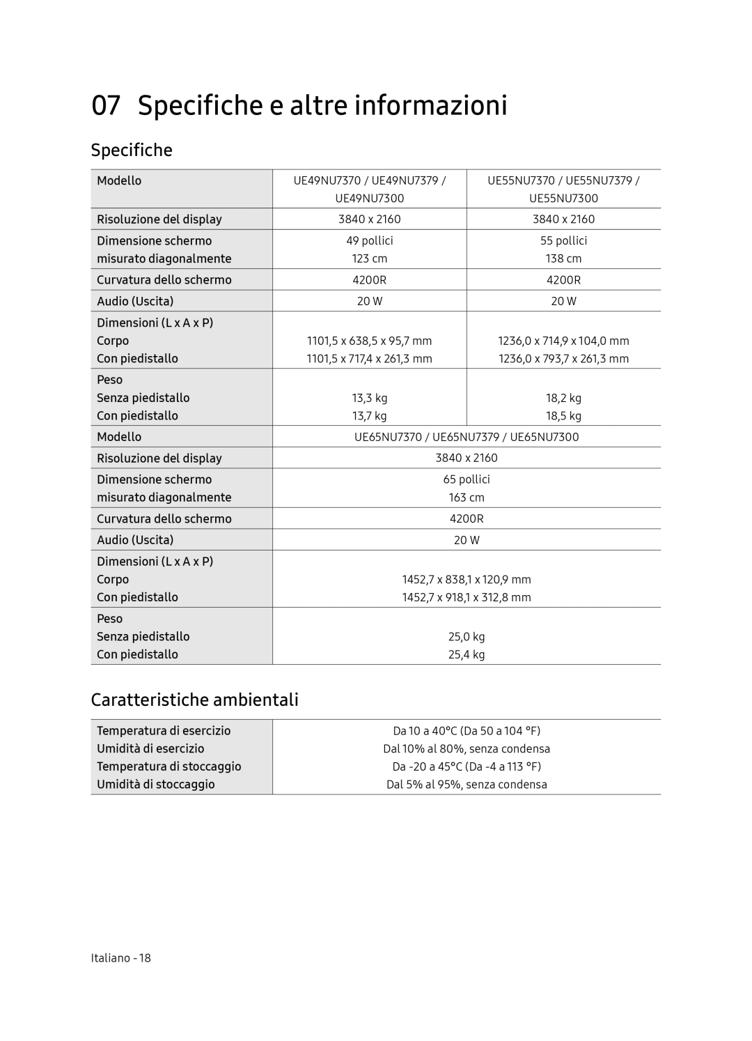 Samsung UE65NU7370UXZG manual Specifiche e altre informazioni, Caratteristiche ambientali 