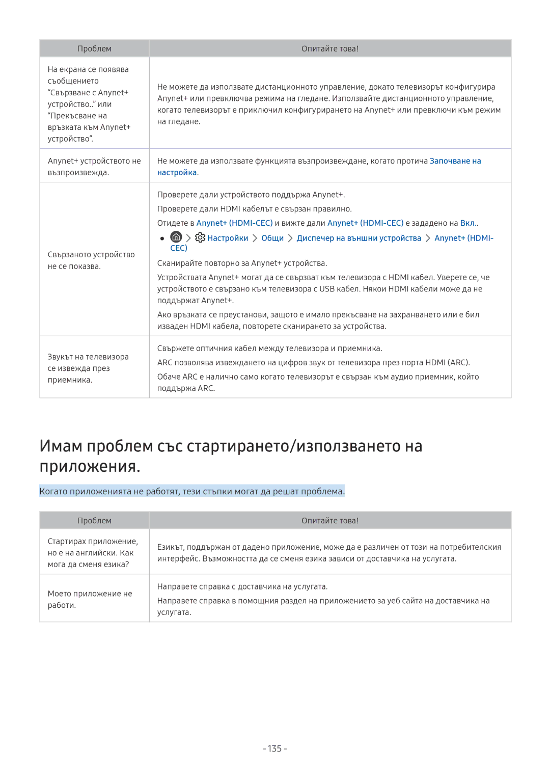 Samsung UE65NU7672UXXH, UE65NU7372UXXH manual Имам проблем със стартирането/използването на приложения, 135, Настройка 