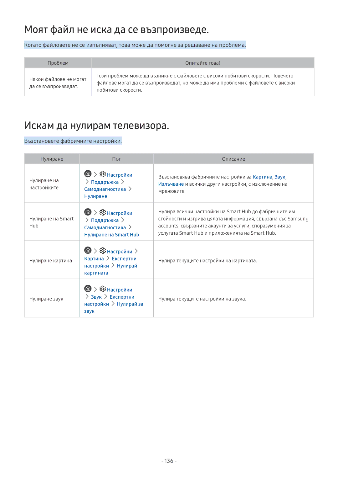 Samsung UE75NU8002TXXH, UE65NU7372UXXH manual Моят файл не иска да се възпроизведе, Искам да нулирам телевизора, 136 