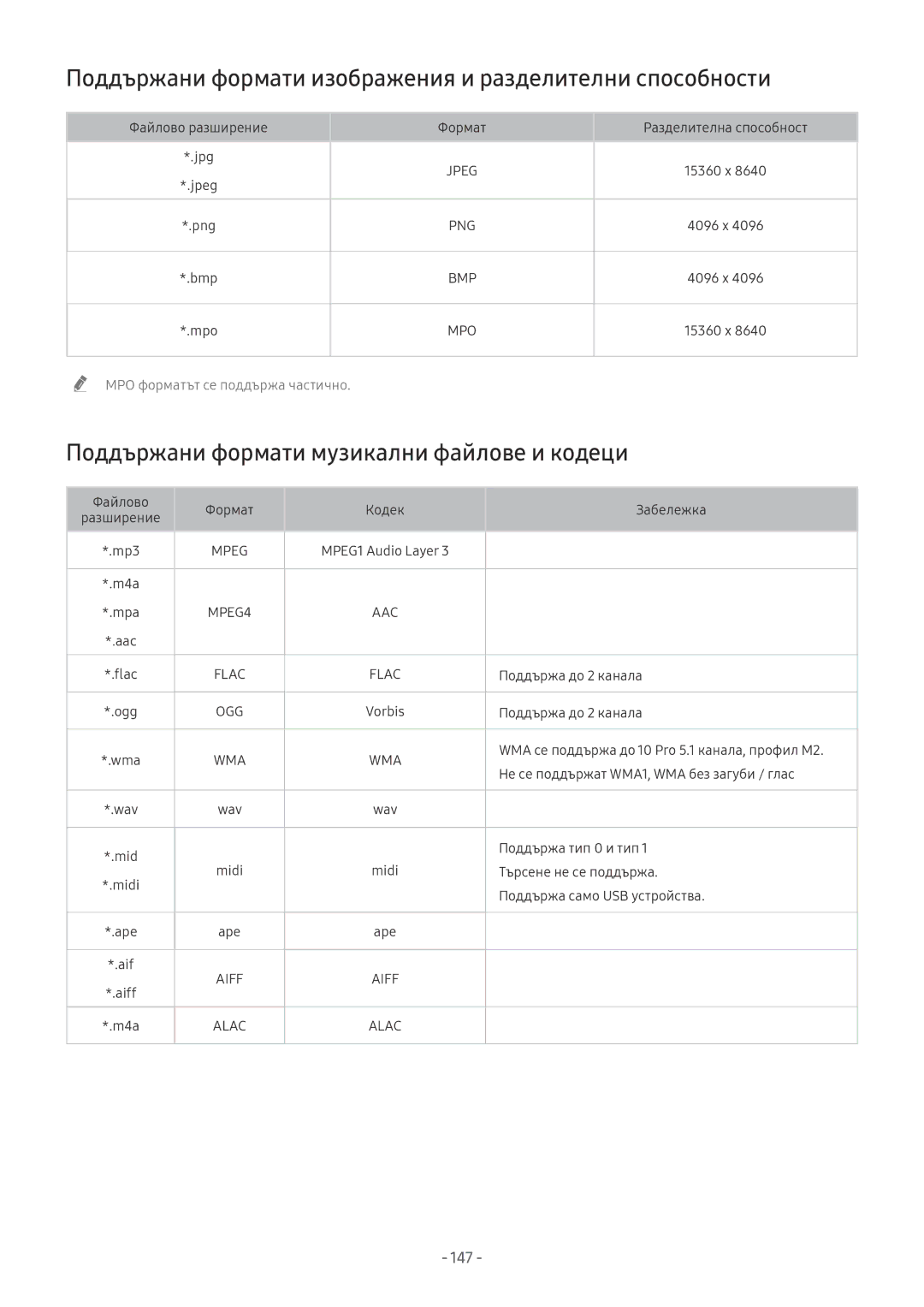 Samsung UE65NU8072TXXH, UE65NU7372UXXH, UE65NU7172UXXH manual Поддържани формати изображения и разделителни способности, 147 