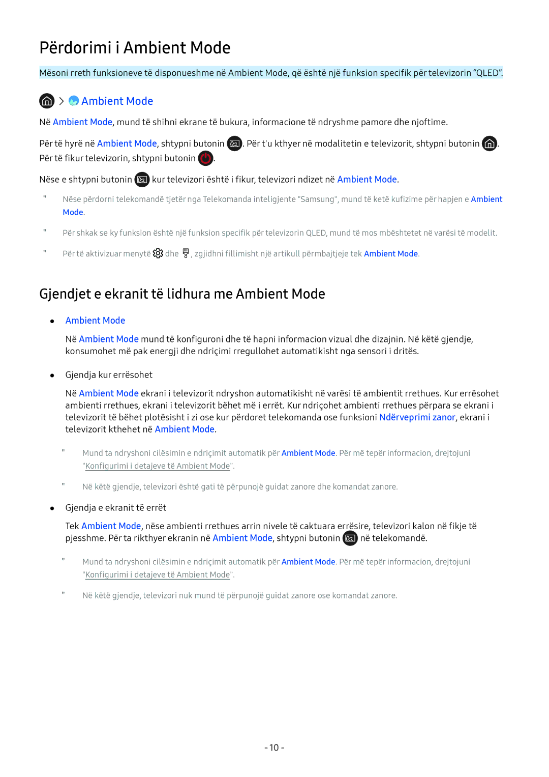 Samsung QE65Q8CNATXXH, UE65NU7372UXXH manual Përdorimi i Ambient Mode, Gjendjet e ekranit të lidhura me Ambient Mode 