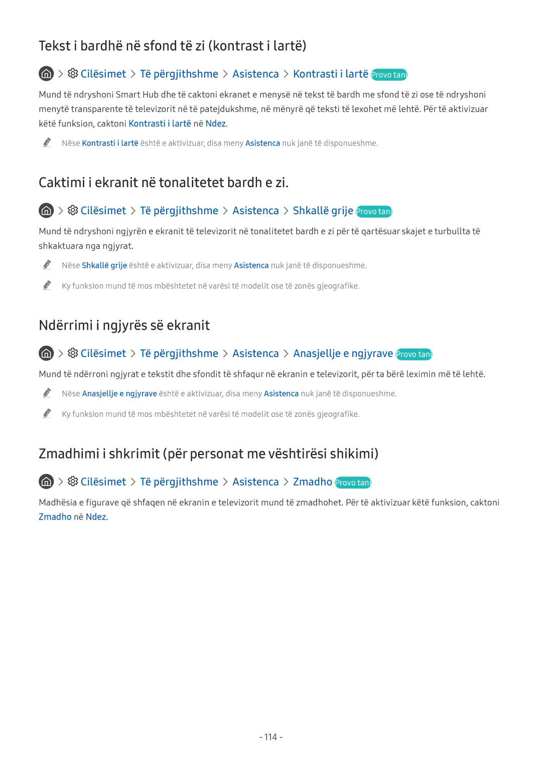 Samsung UE65NU7372UXXH manual Tekst i bardhë në sfond të zi kontrast i lartë, Caktimi i ekranit në tonalitetet bardh e zi 