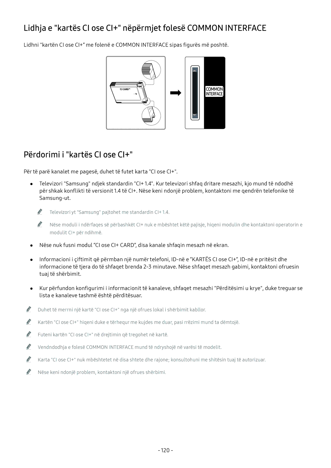 Samsung UE65NU7372UXXH, UE65NU7172UXXH, UE55NU7172UXXH, UE65NU8002TXXH, QE65Q8CNATXXH manual Përdorimi i kartës CI ose CI+, 120 