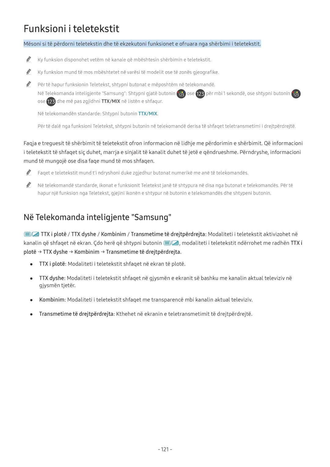 Samsung UE65NU7172UXXH, UE65NU7372UXXH, UE55NU7172UXXH Funksioni i teletekstit, Në Telekomanda inteligjente Samsung, 121 