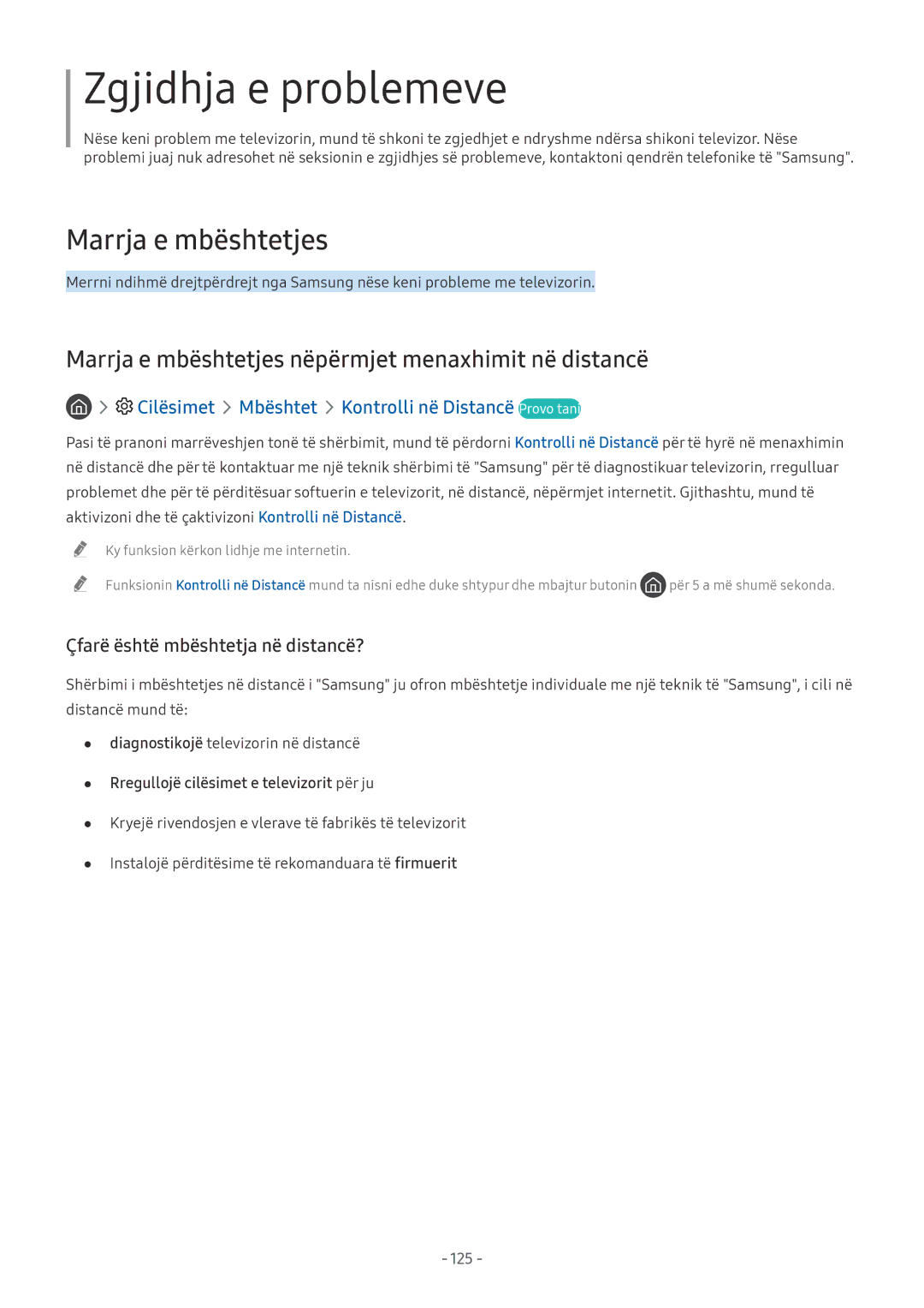 Samsung UE65NU7402UXXH, UE65NU7372UXXH, UE65NU7172UXXH manual Marrja e mbështetjes nëpërmjet menaxhimit në distancë, 125 