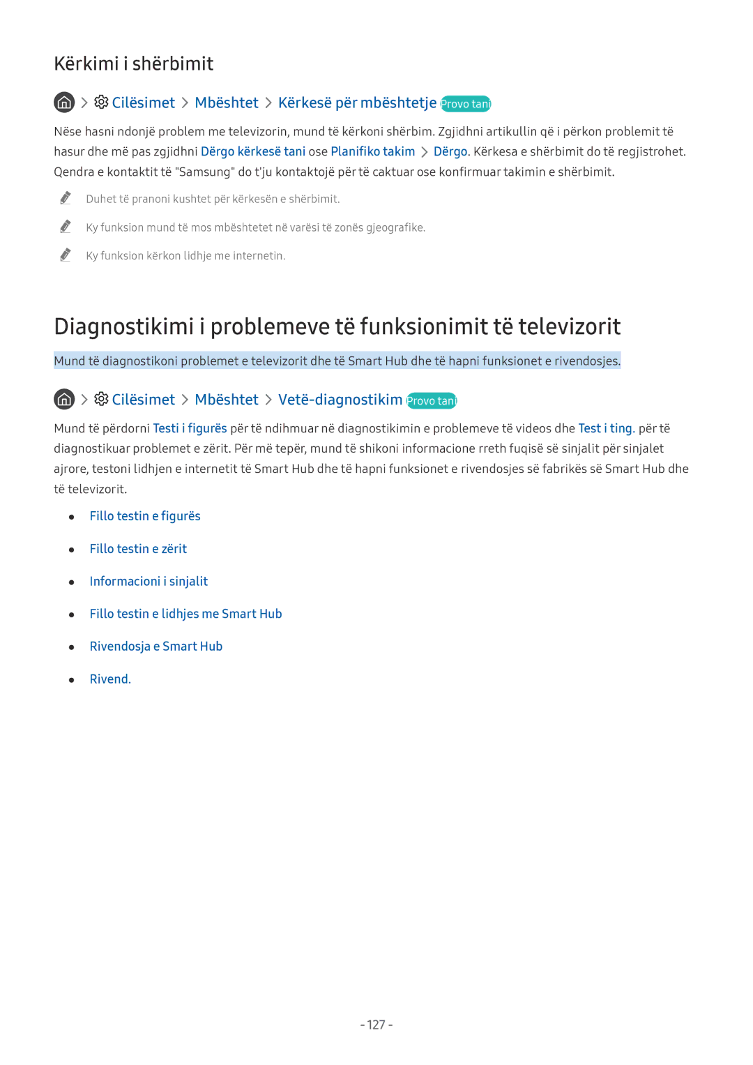 Samsung UE65NU7172UXXH, UE65NU7372UXXH, UE55NU7172UXXH manual Diagnostikimi i problemeve të funksionimit të televizorit, 127 