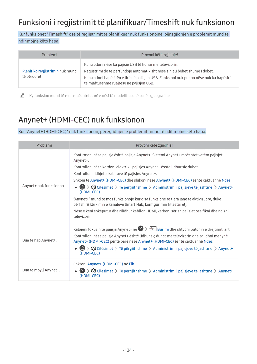 Samsung UE55NU7172UXXH, UE65NU7372UXXH Anynet+ HDMI-CEC nuk funksionon, 134, Planifiko regjistrimin nuk mund të përdoret 