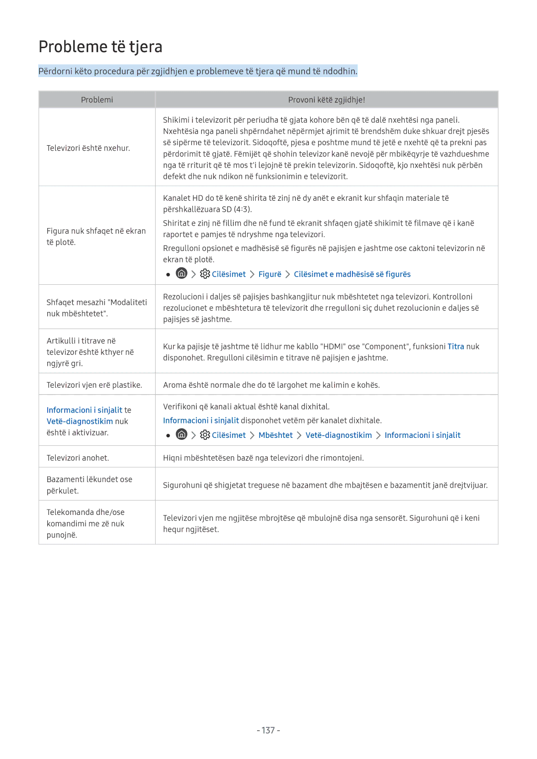 Samsung UE65NU7402UXXH, UE65NU7372UXXH manual Probleme të tjera, 137, Informacioni i sinjalit te, Vetë-diagnostikim nuk 