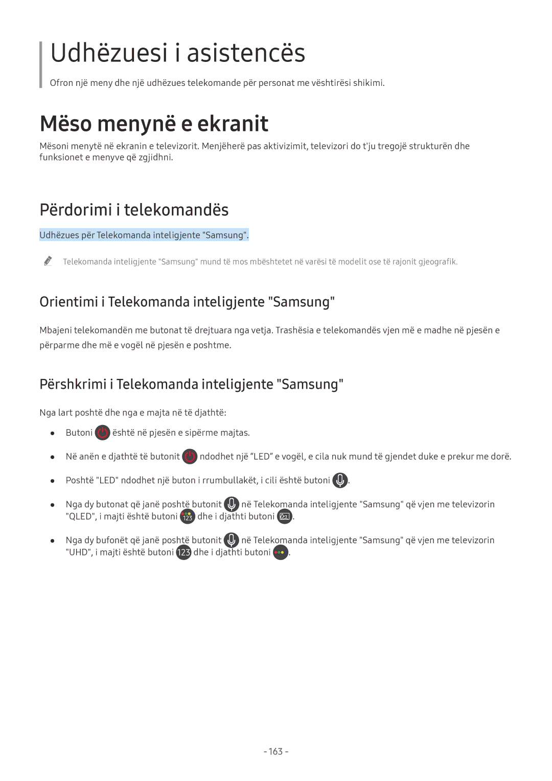 Samsung UE65NU7172UXXH, UE65NU7372UXXH manual Përdorimi i telekomandës, Orientimi i Telekomanda inteligjente Samsung, 163 